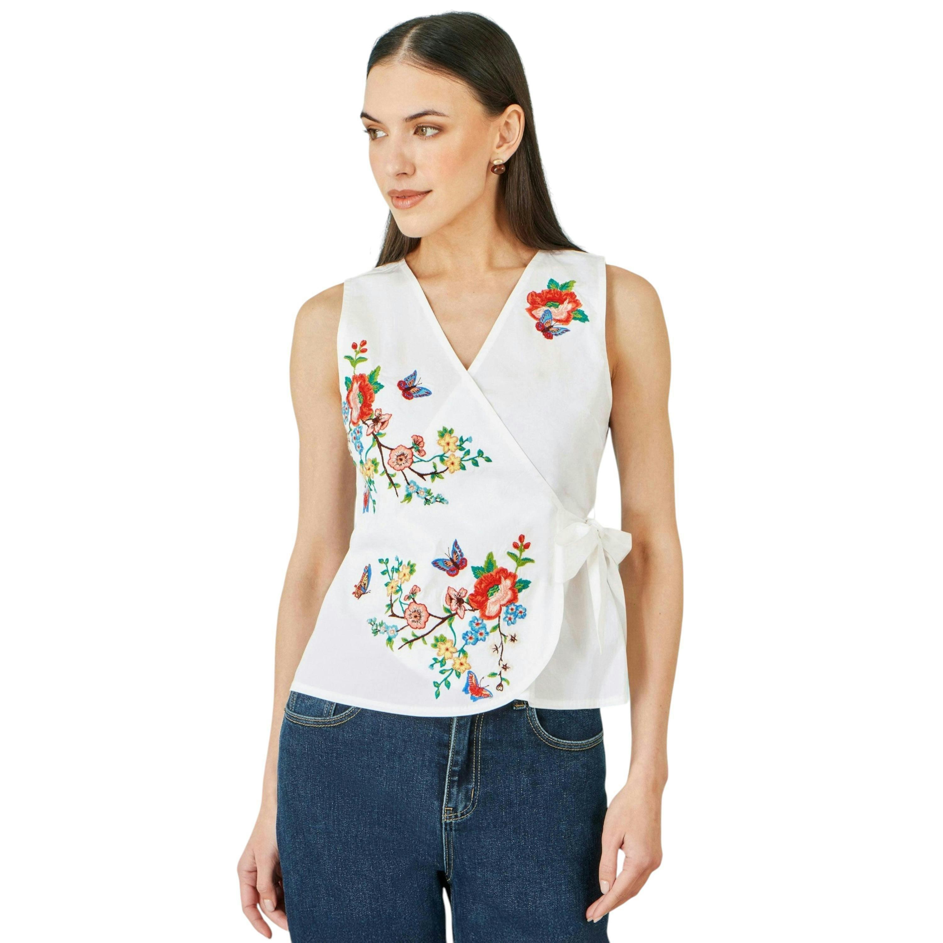 Yumi White Stretch Cotton Embroidered Wrap Top , view 5 of 6