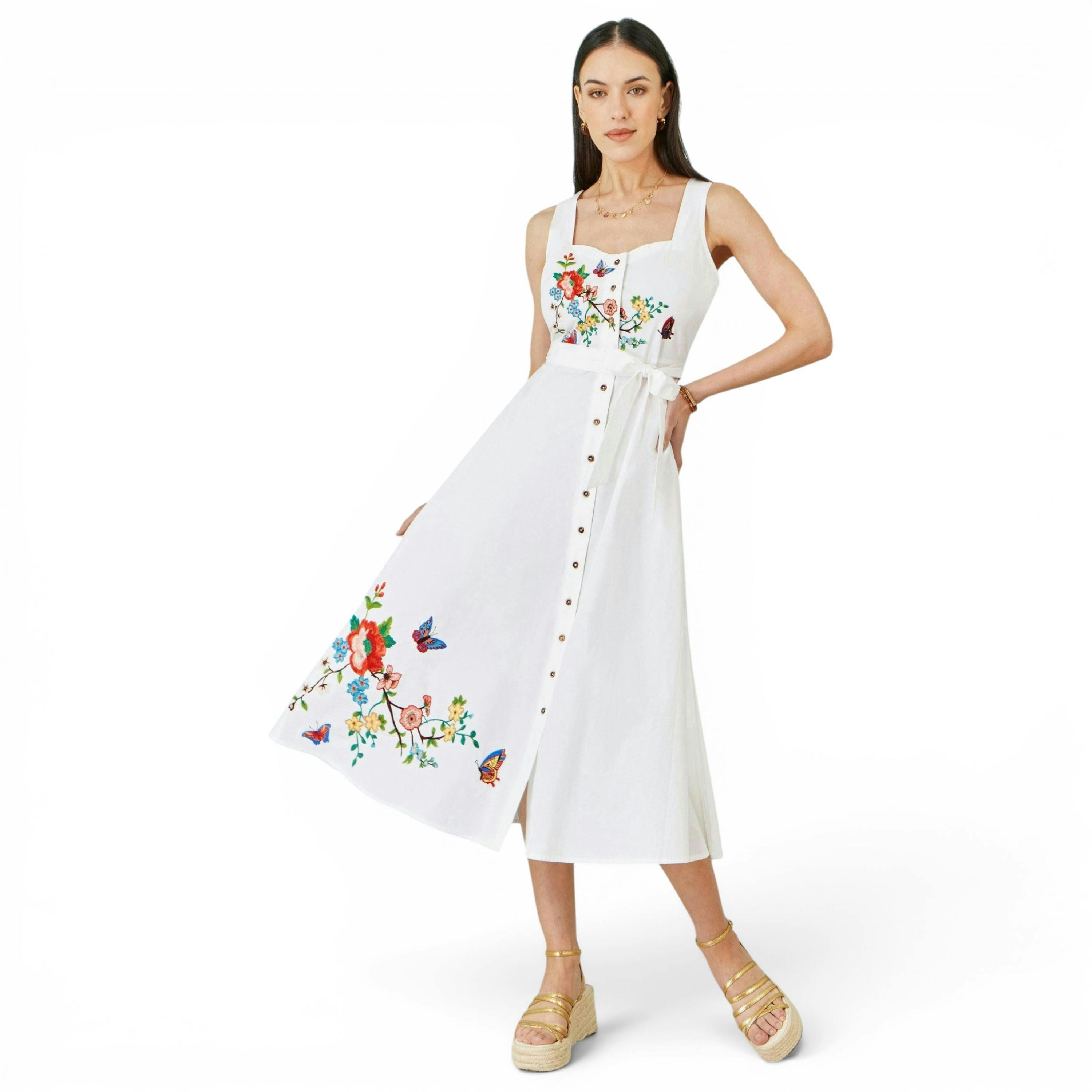Yumi White Cotton Midi Dress With Embroidery , view 1 of 6