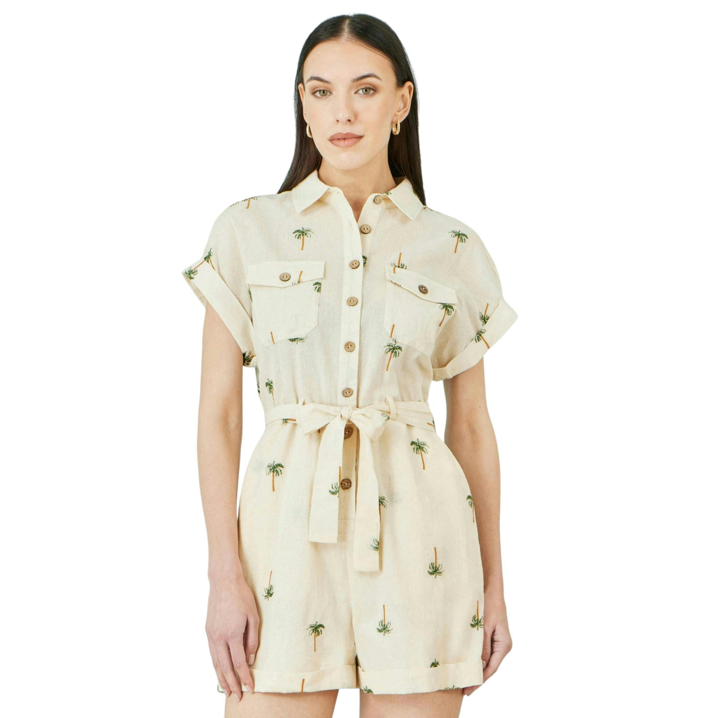 Yumi White Embroidered Palm Print Cotton Playsuit , view 1 of 5