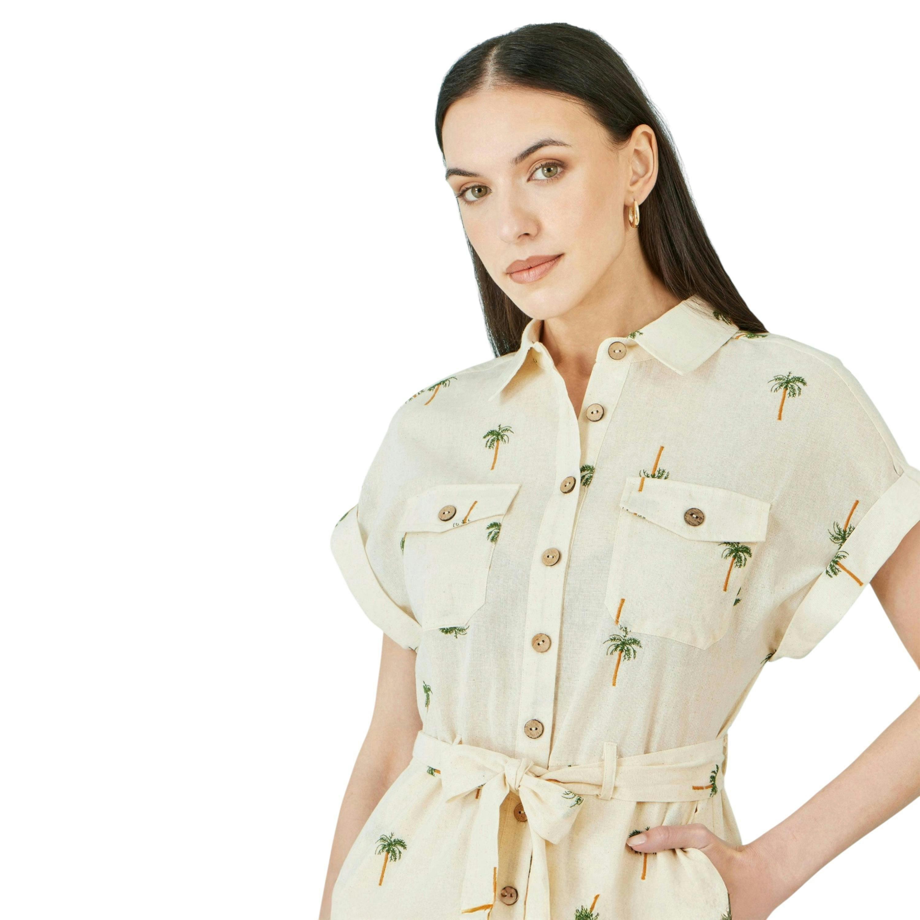 Yumi White Embroidered Palm Print Cotton Playsuit , view 2 of 5