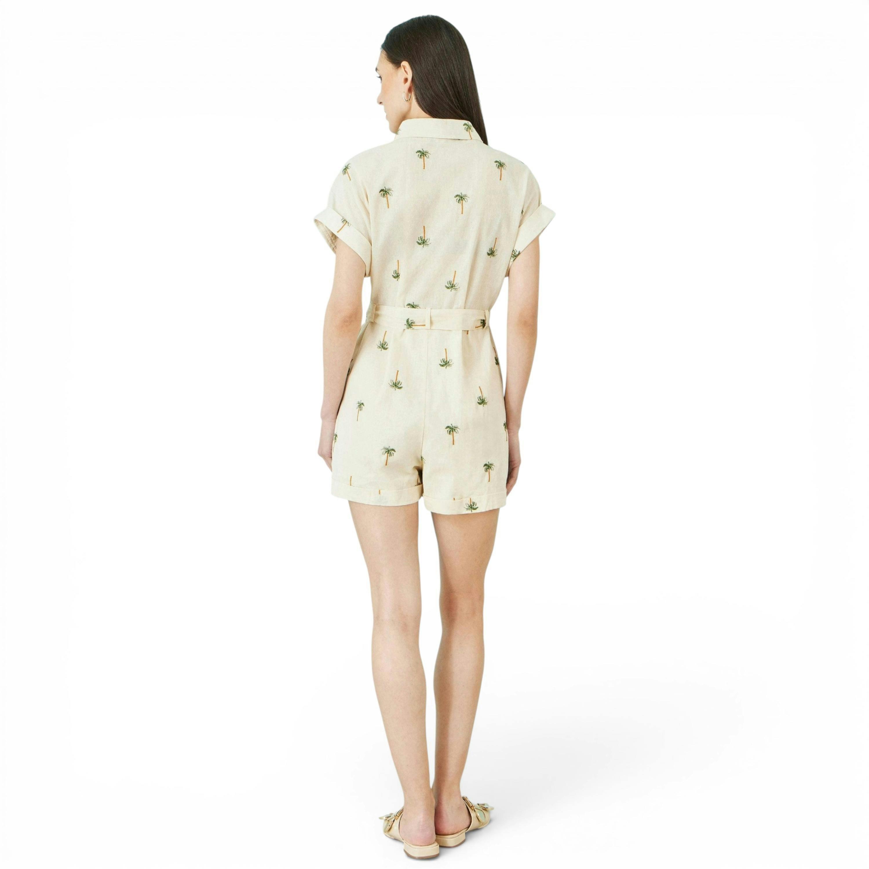 Yumi White Embroidered Palm Print Cotton Playsuit , view 4 of 5