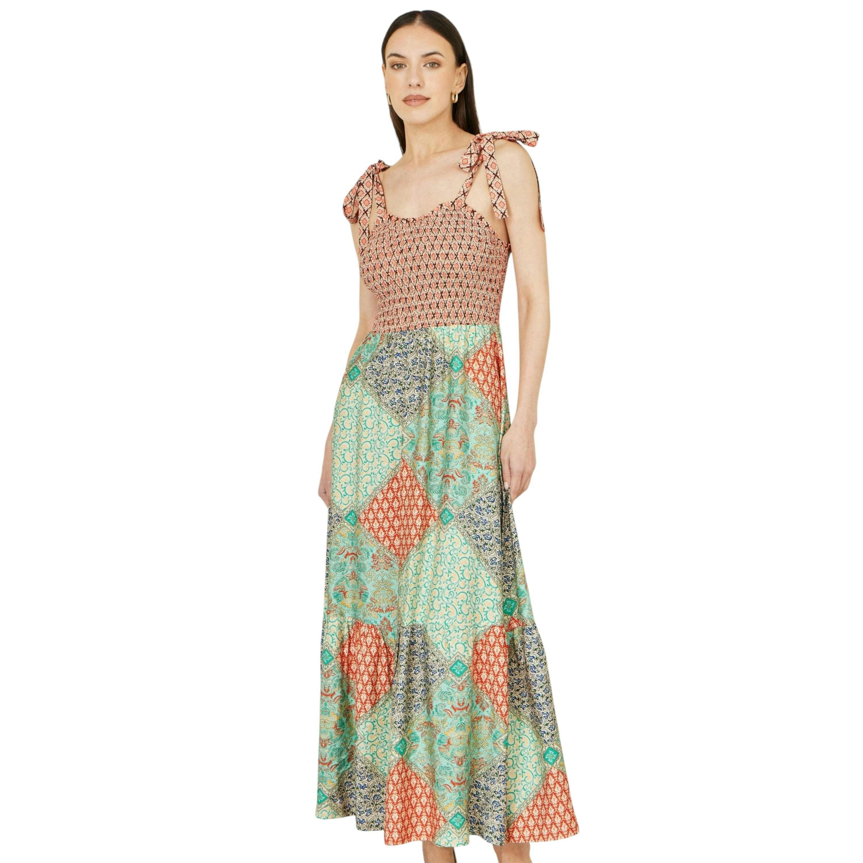 Yumi Multicolour Patchwork Ruched Smocked Maxi Sundress , view 1 of 6