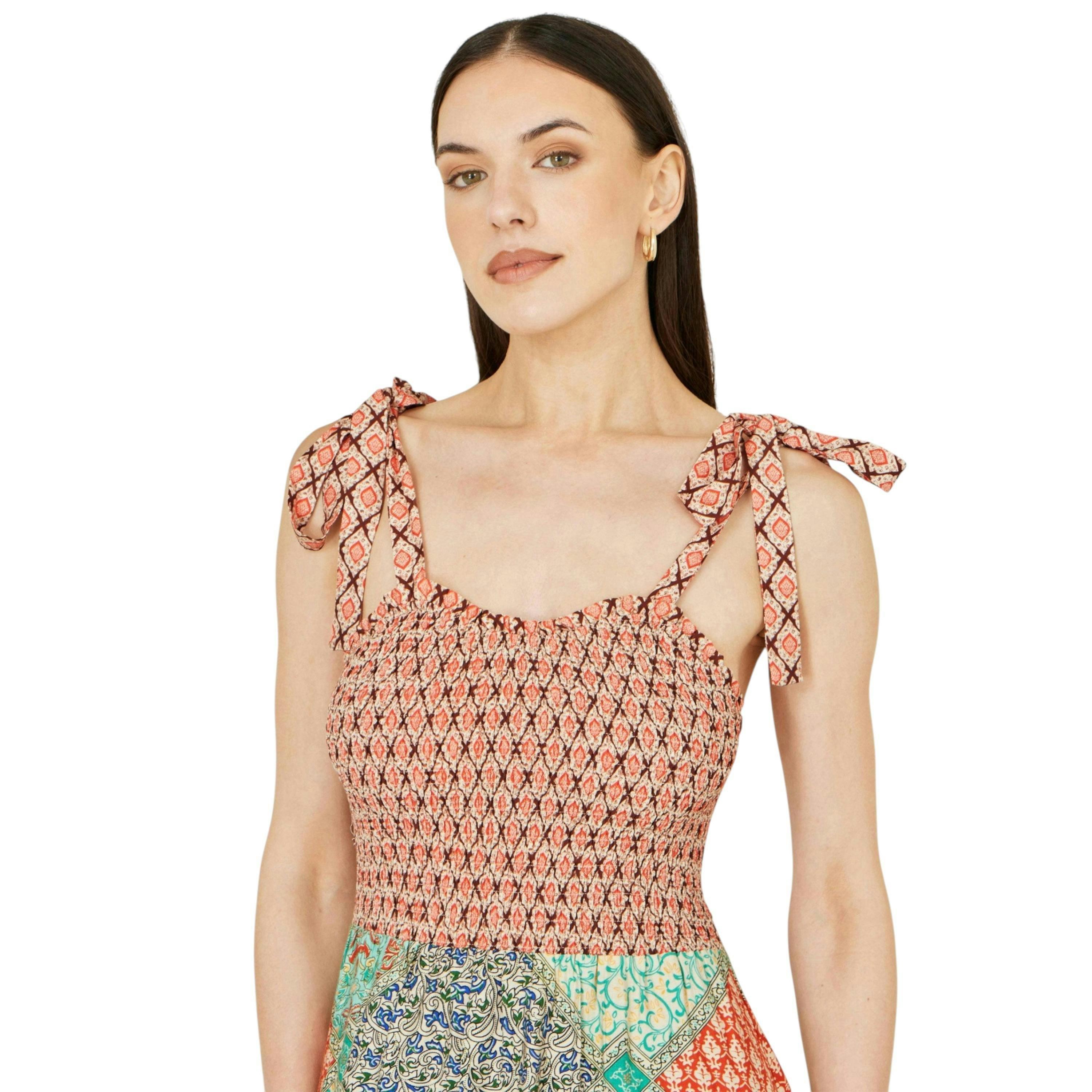 Yumi Multicolour Patchwork Ruched Smocked Maxi Sundress , view 2 of 6