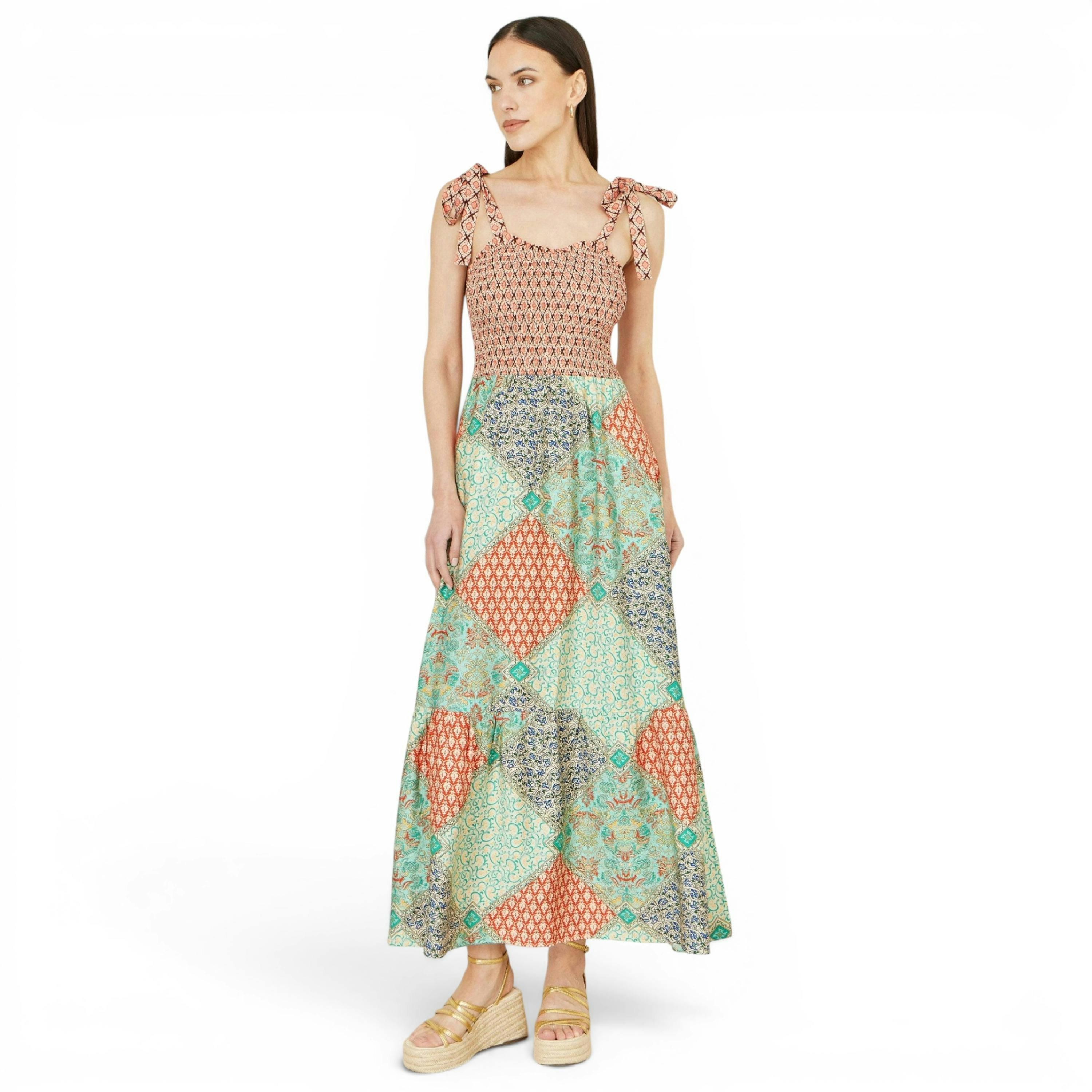 Yumi Multicolour Patchwork Ruched Smocked Maxi Sundress , view 3 of 6