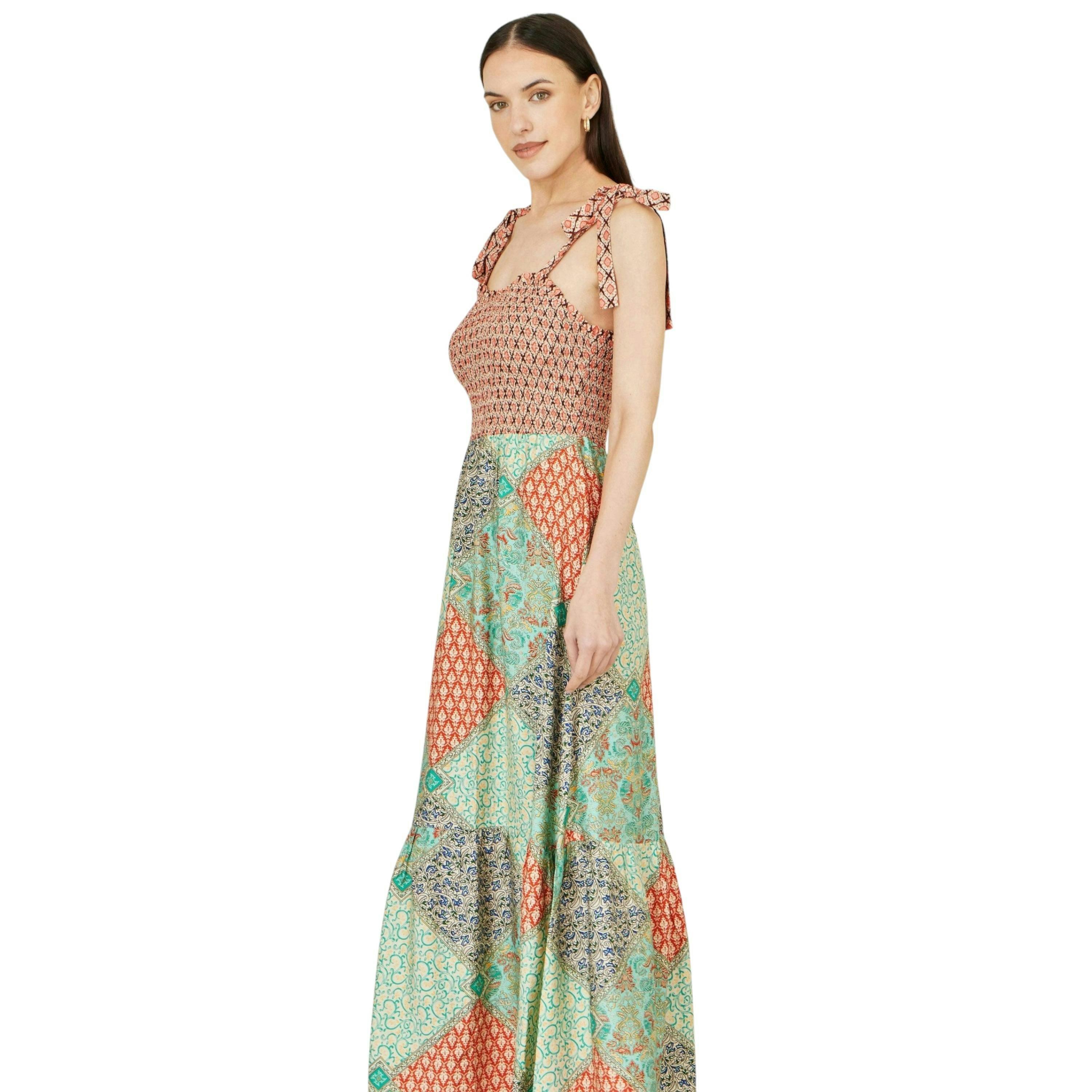 Yumi Multicolour Patchwork Ruched Smocked Maxi Sundress , view 4 of 6