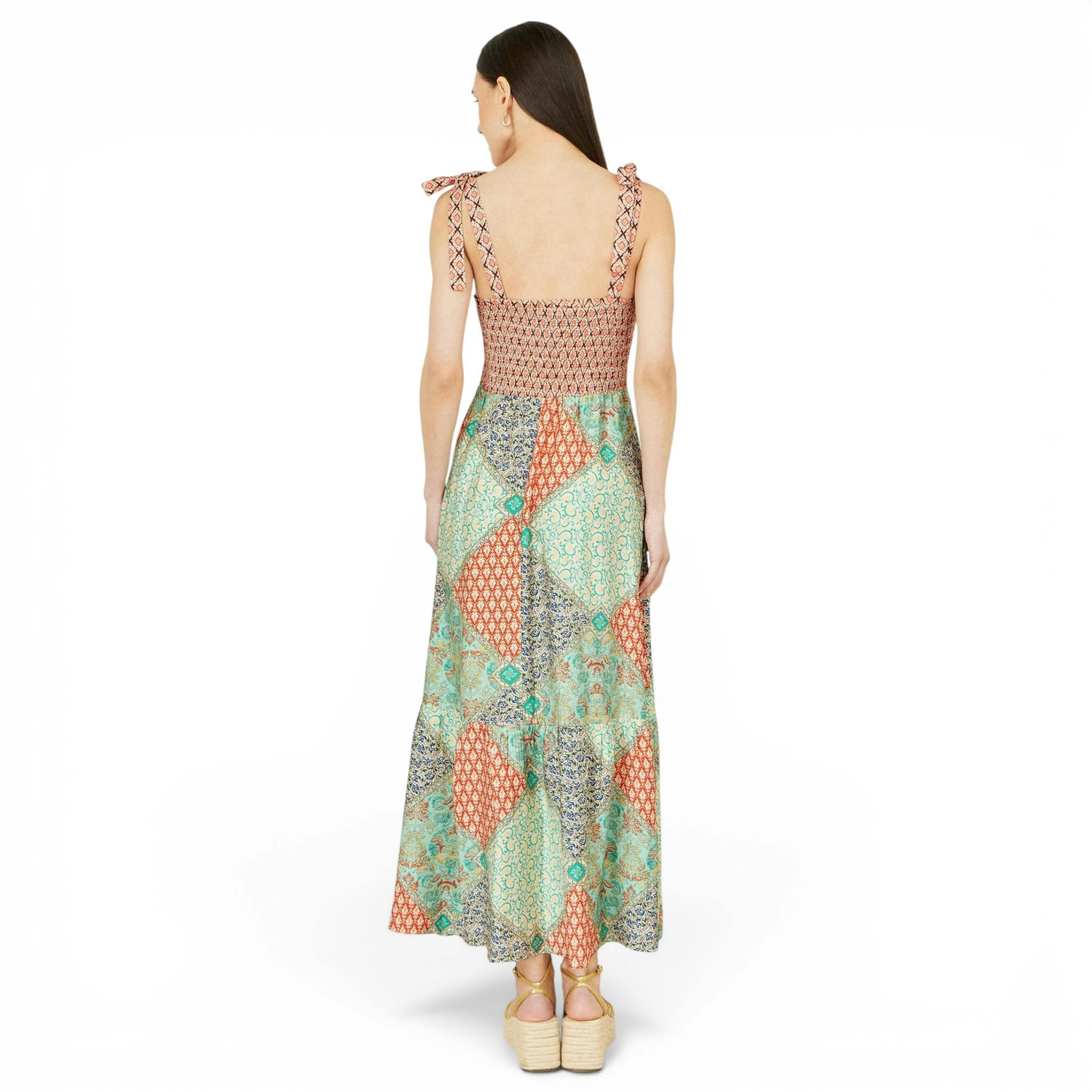 Yumi Multicolour Patchwork Ruched Smocked Maxi Sundress , view 5 of 6