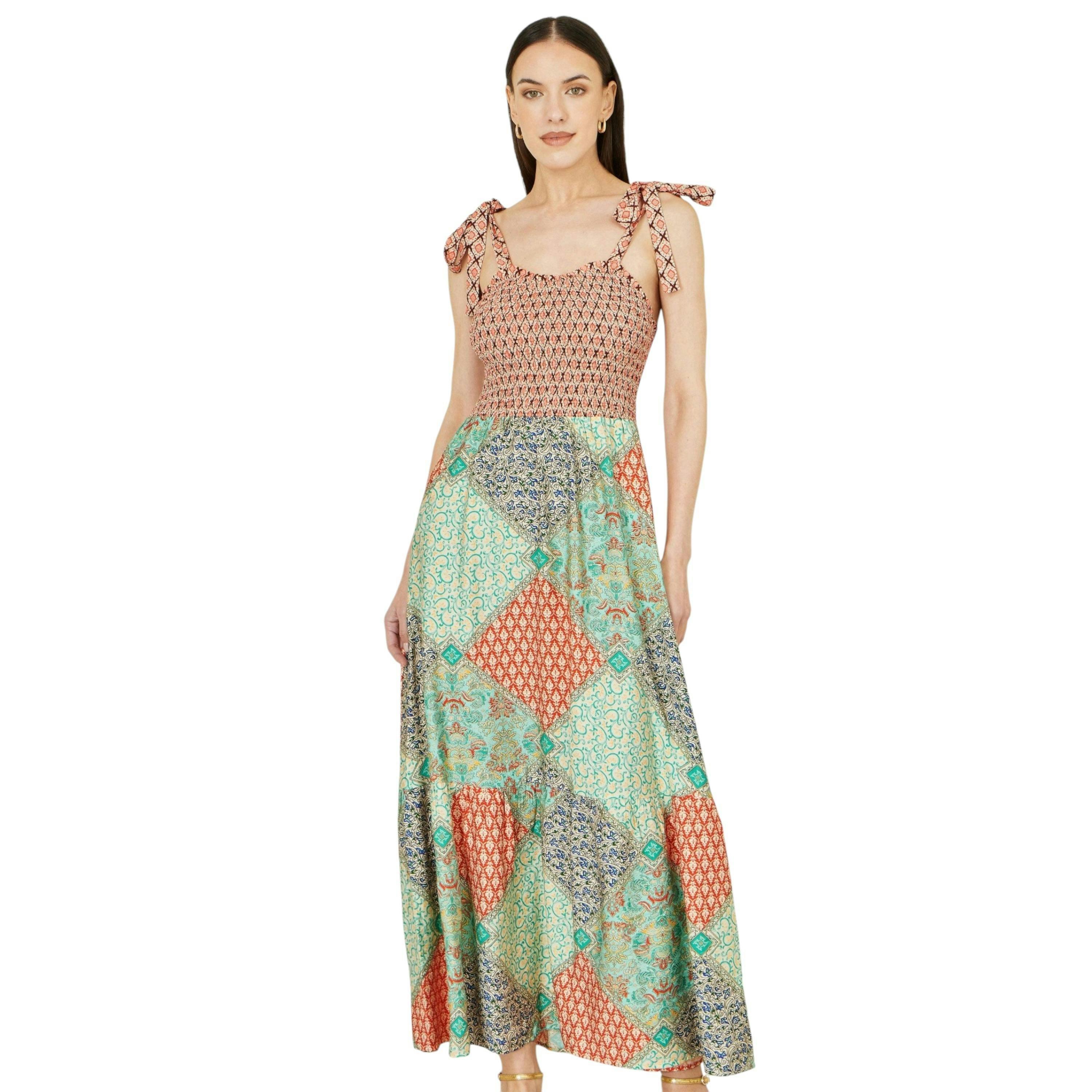 Yumi Multicolour Patchwork Ruched Smocked Maxi Sundress , view 6 of 6