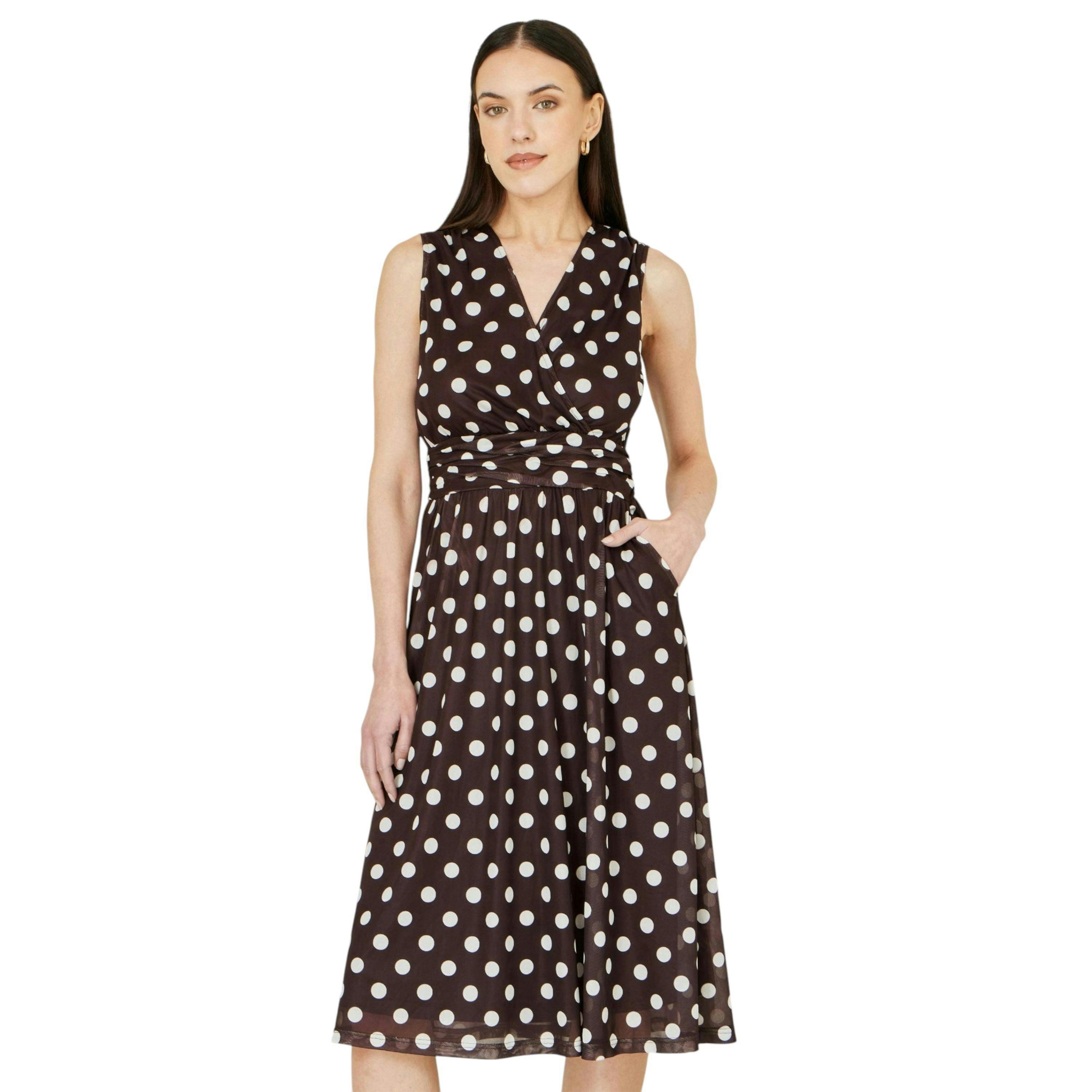 Yumi Brown Polka Dot Mesh Wrap Skater Dress With Pockets , view 1 of 6