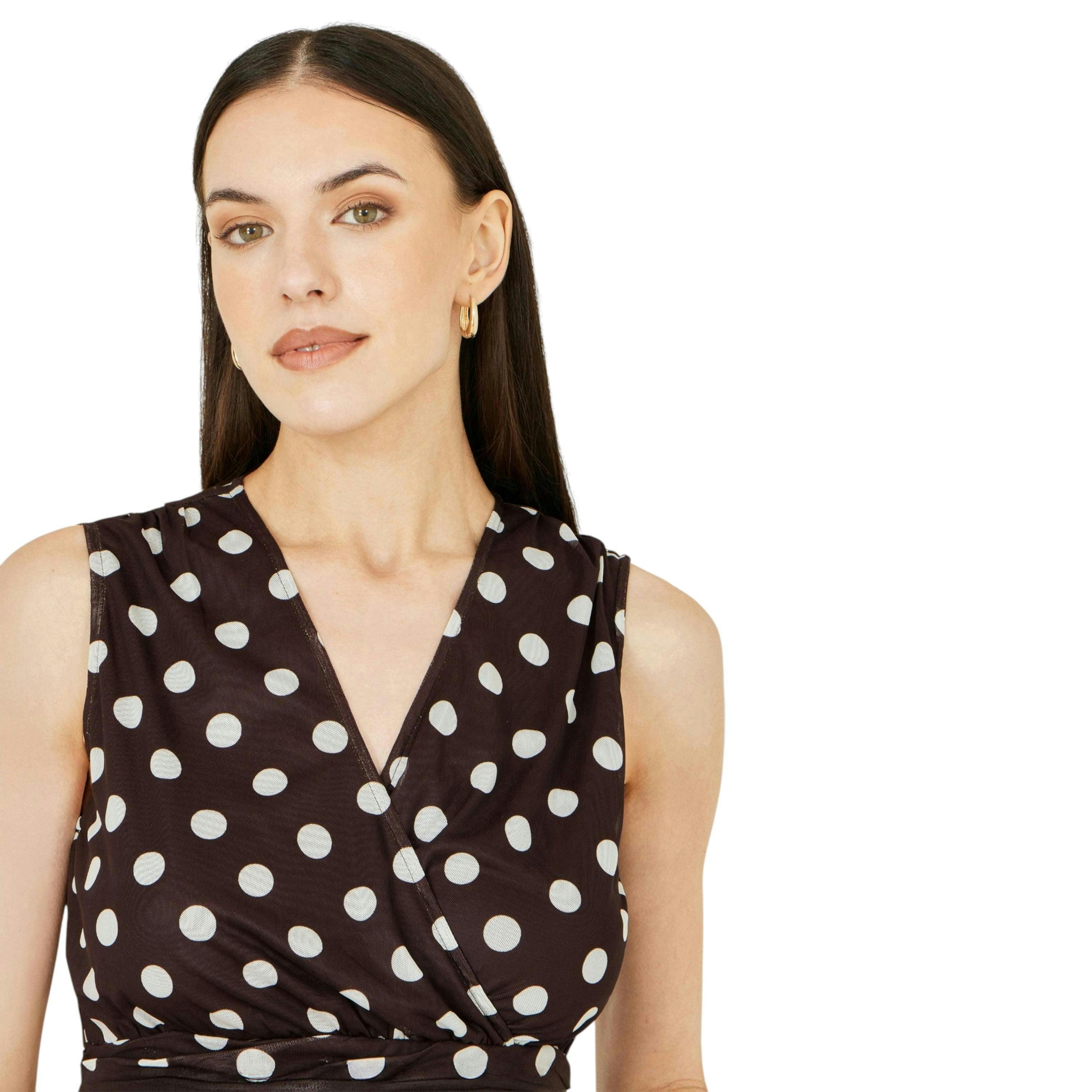 Yumi Brown Polka Dot Mesh Wrap Skater Dress With Pockets , view 2 of 6