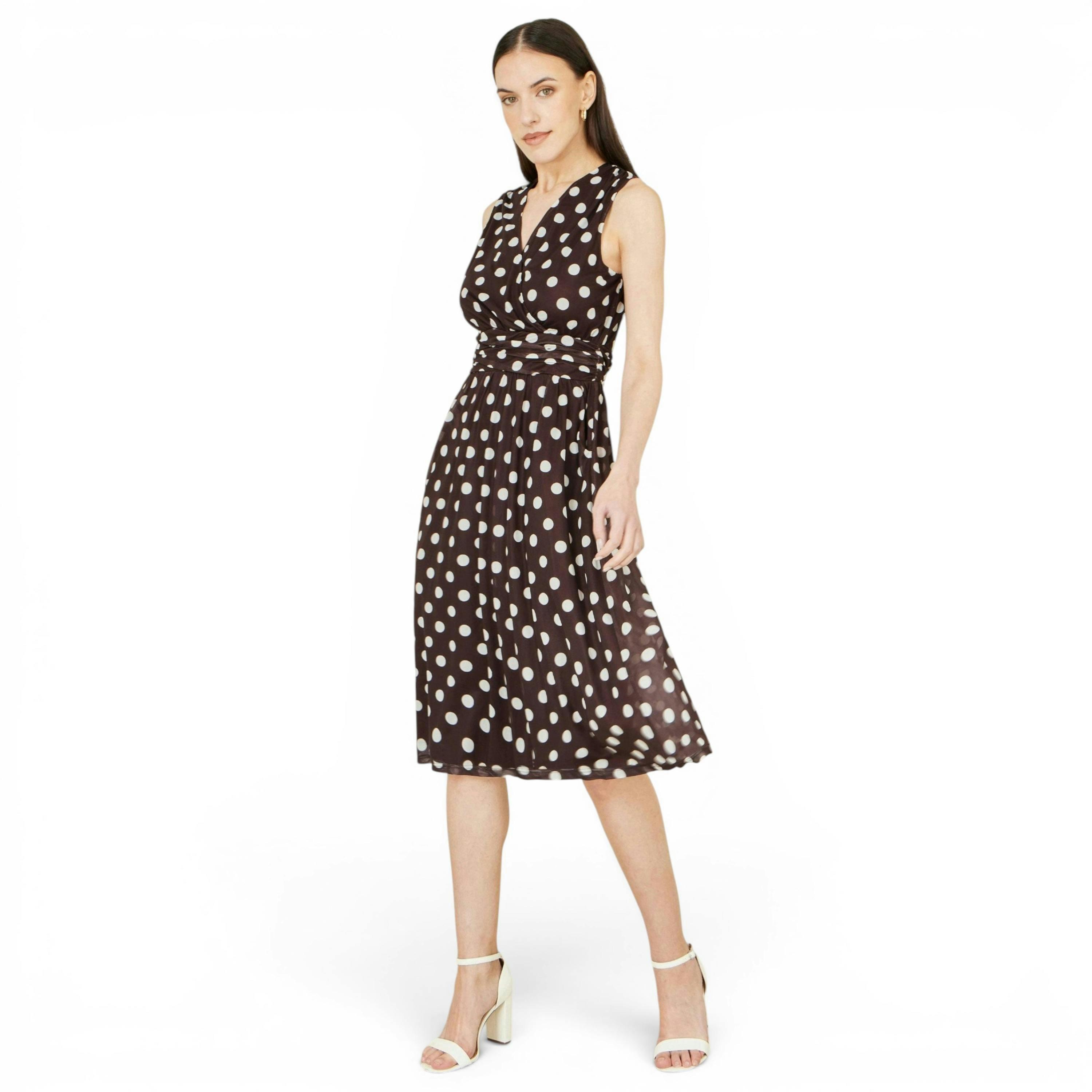 Yumi Brown Polka Dot Mesh Wrap Skater Dress With Pockets , view 3 of 6