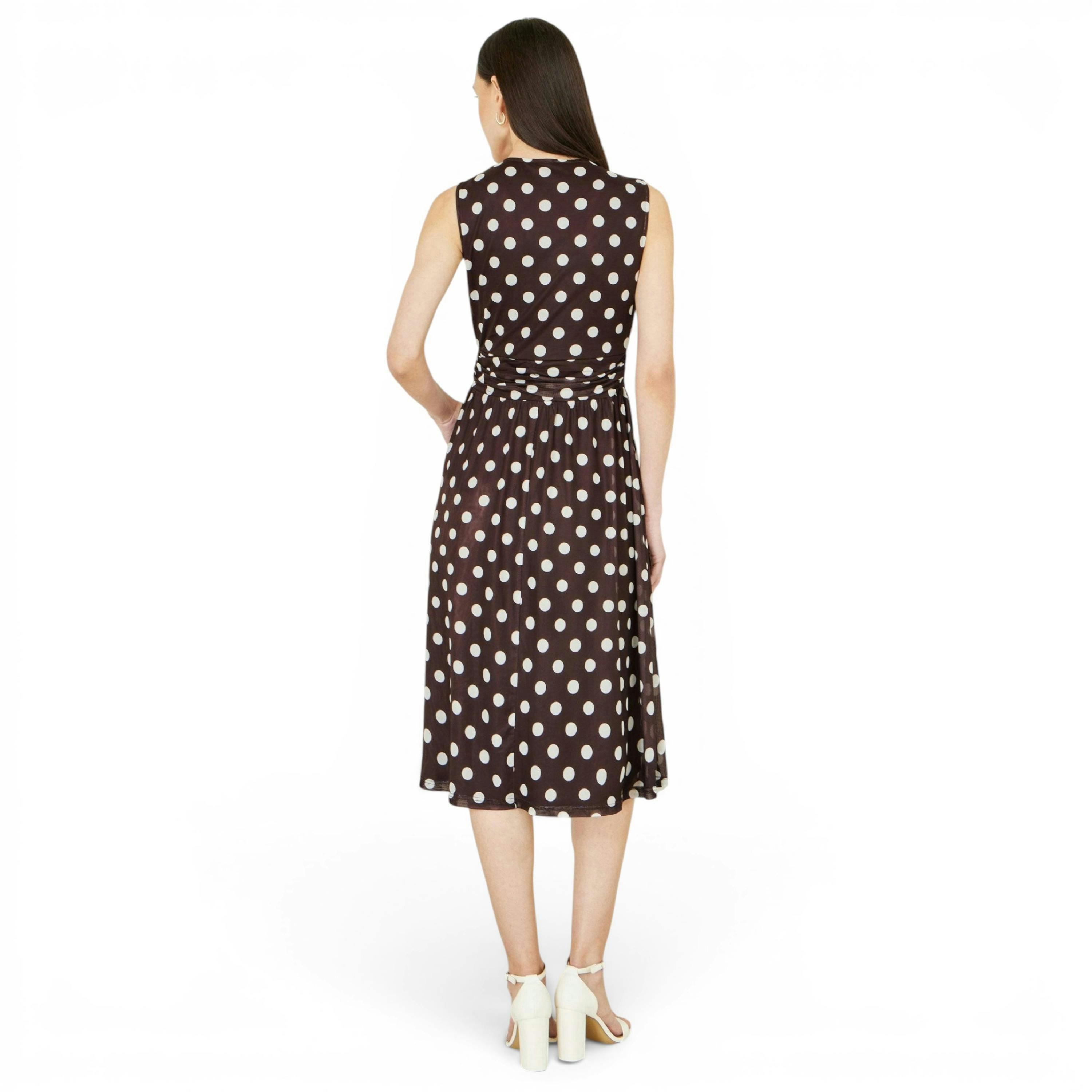 Yumi Brown Polka Dot Mesh Wrap Skater Dress With Pockets , view 4 of 6