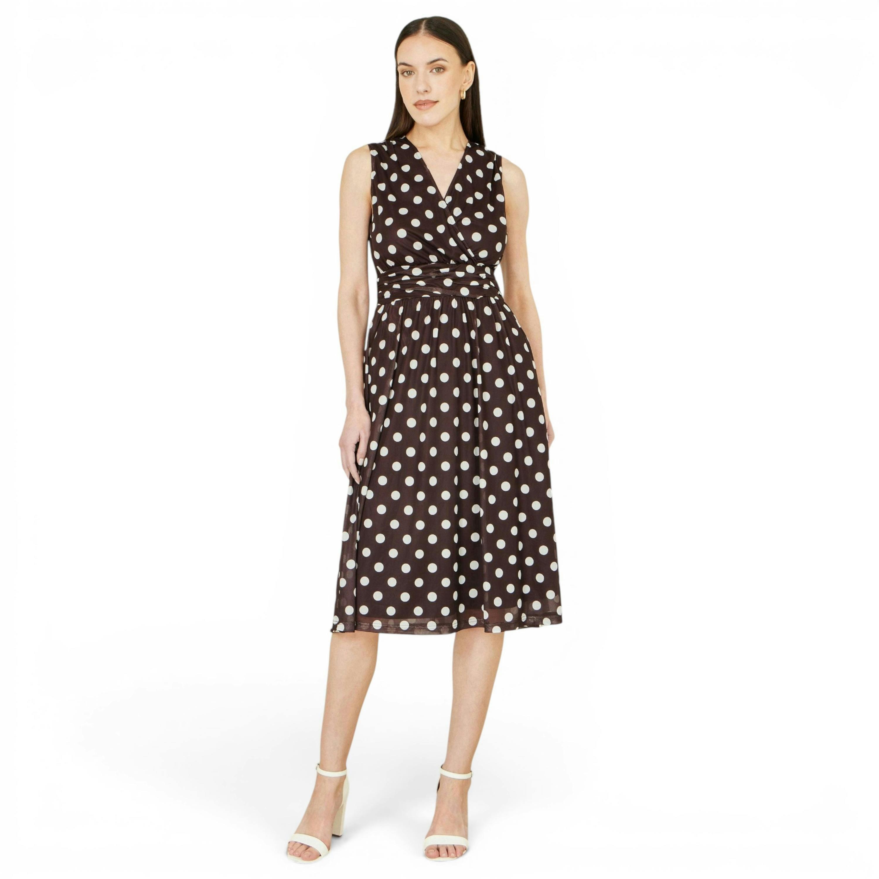 Yumi Brown Polka Dot Mesh Wrap Skater Dress With Pockets , view 5 of 6