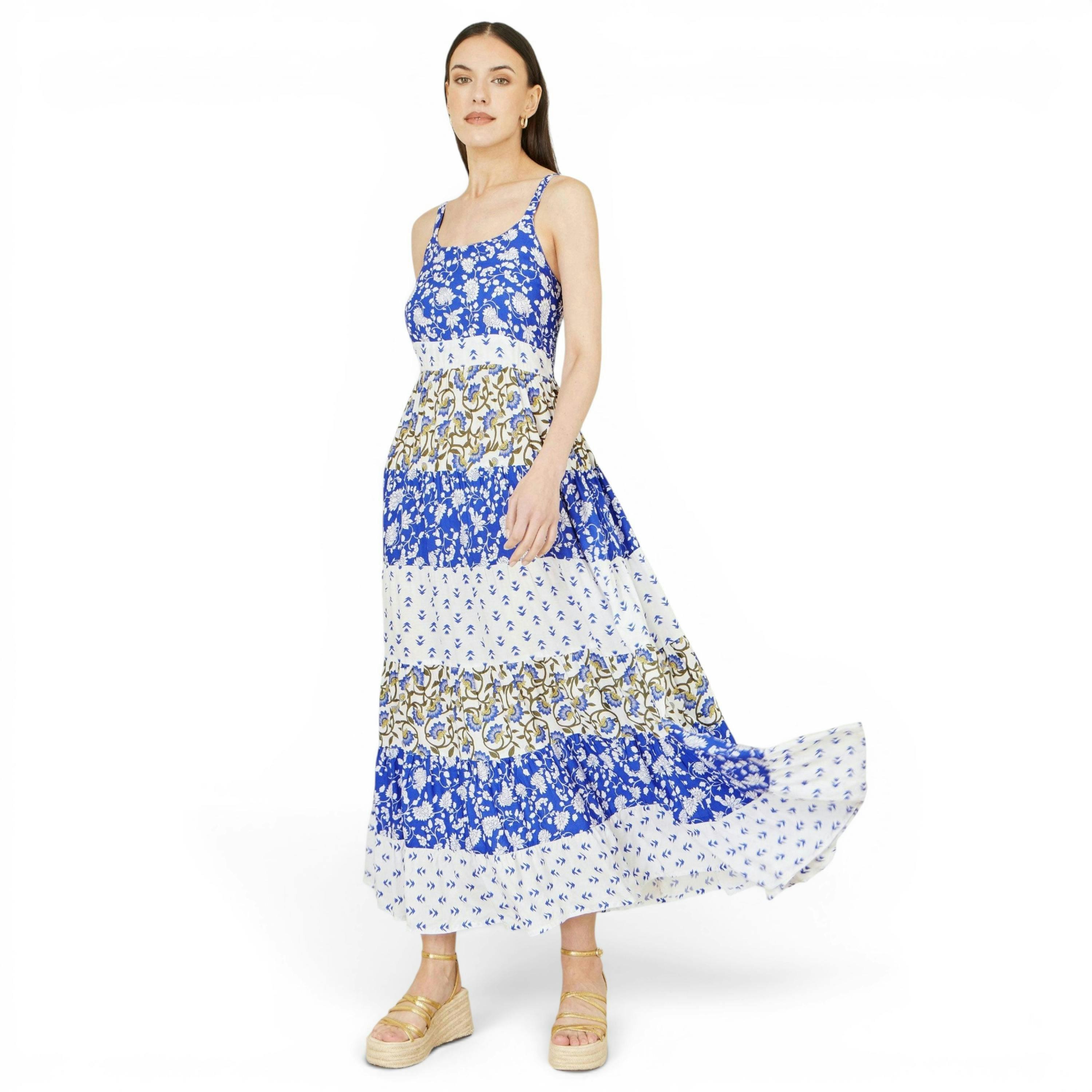 Yumi White And Blue Rayon Patchwork Print Tiered Maxi Dress , view 1 of 6