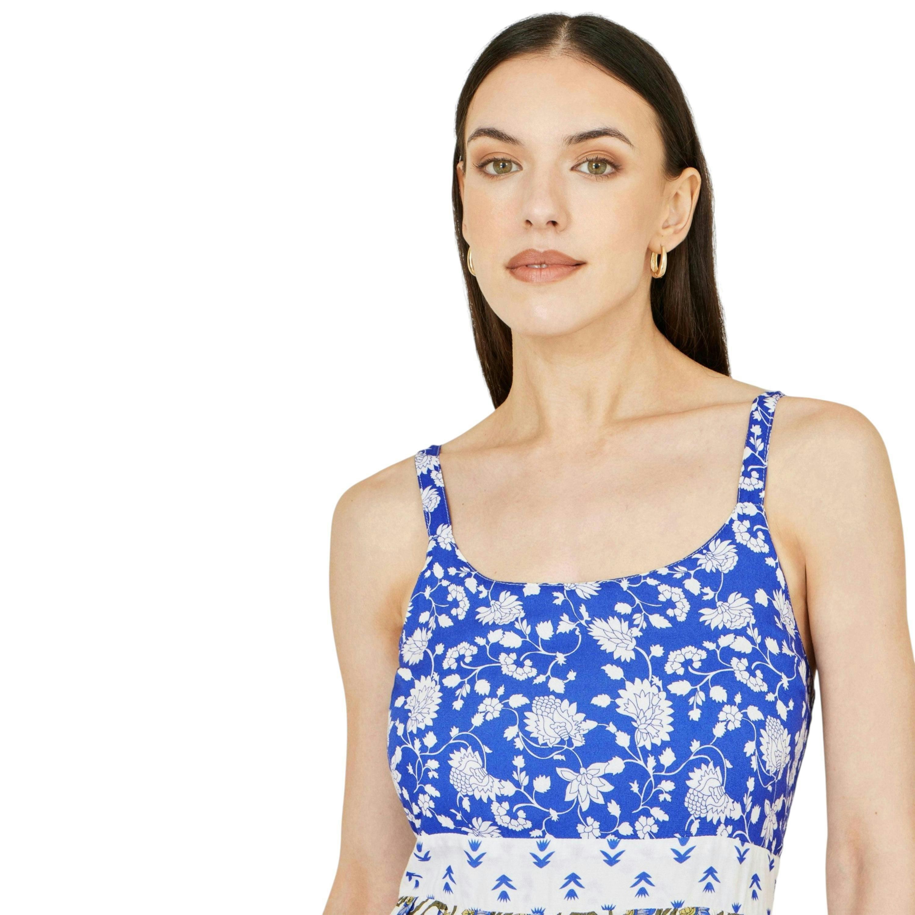 Yumi White And Blue Rayon Patchwork Print Tiered Maxi Dress , view 2 of 6