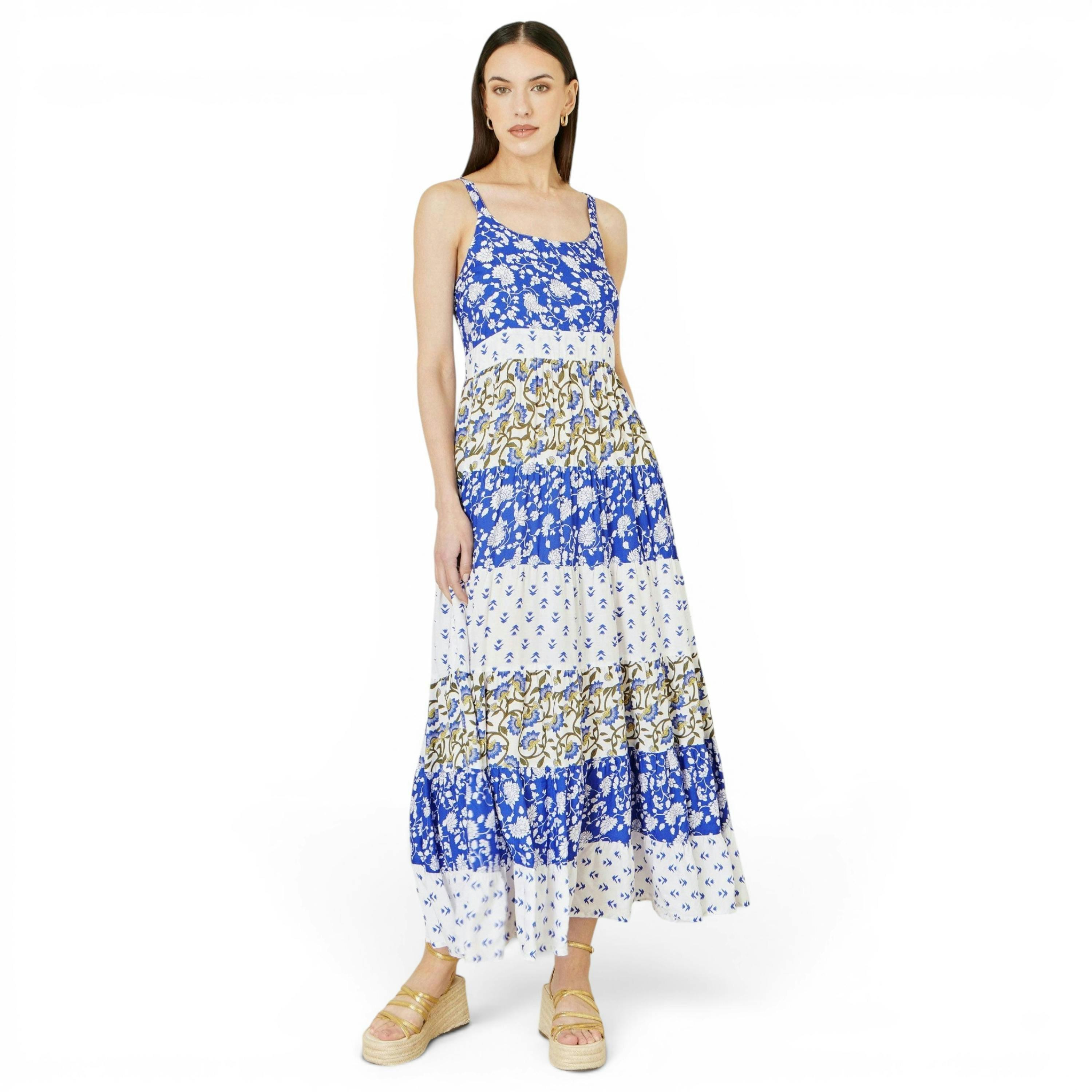 Yumi White And Blue Rayon Patchwork Print Tiered Maxi Dress , view 3 of 6