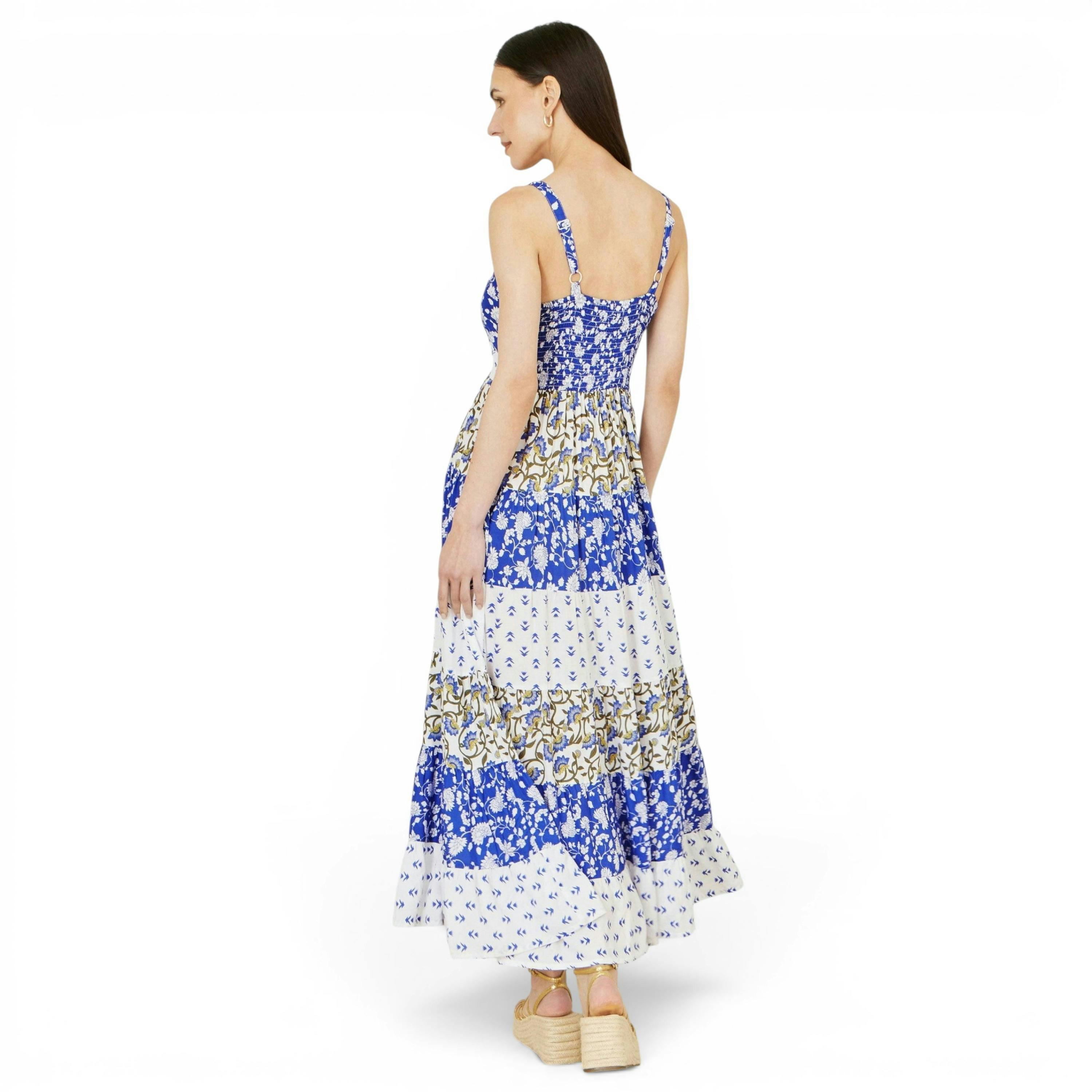 Yumi White And Blue Rayon Patchwork Print Tiered Maxi Dress , view 4 of 6