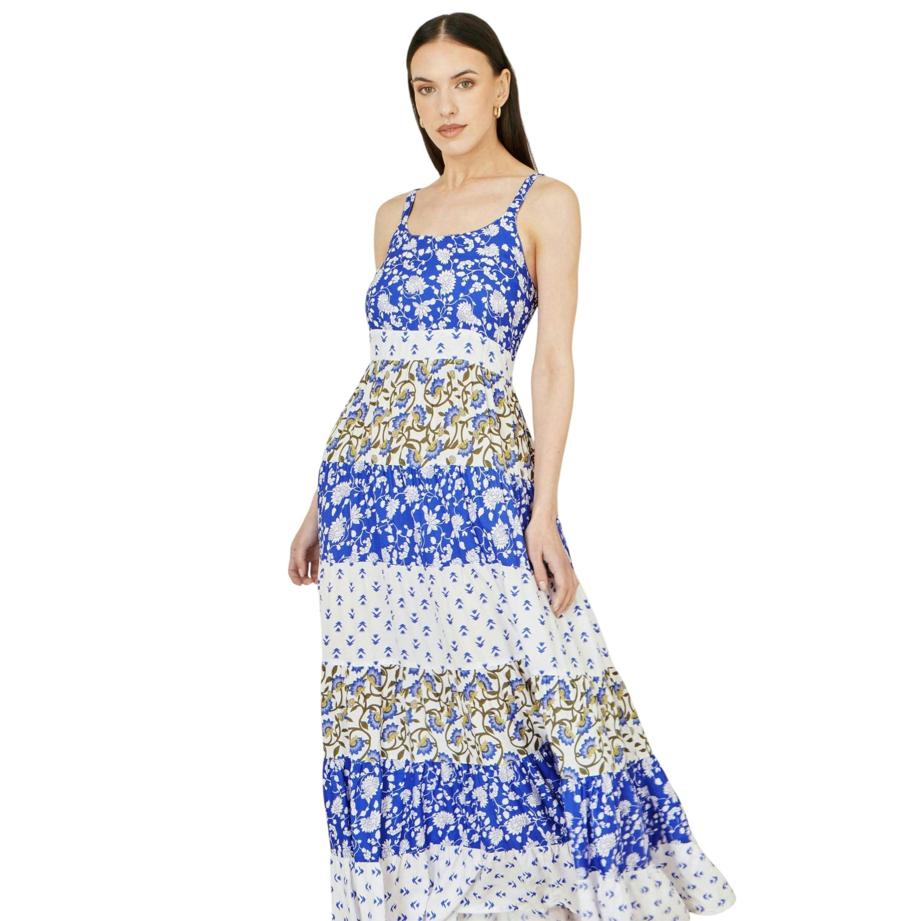 Yumi White And Blue Rayon Patchwork Print Tiered Maxi Dress , view 5 of 6