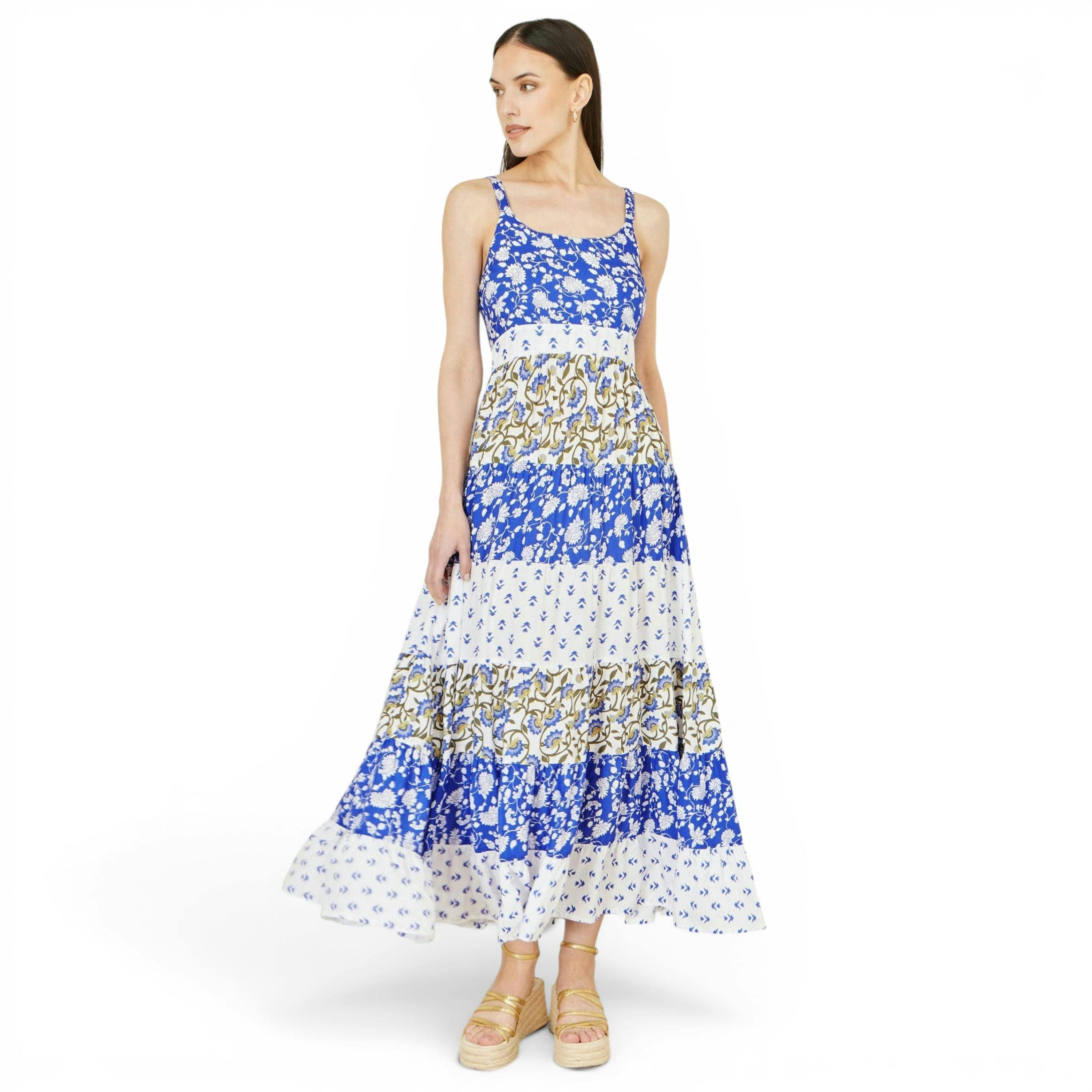Yumi White And Blue Rayon Patchwork Print Tiered Maxi Dress , view 6 of 6