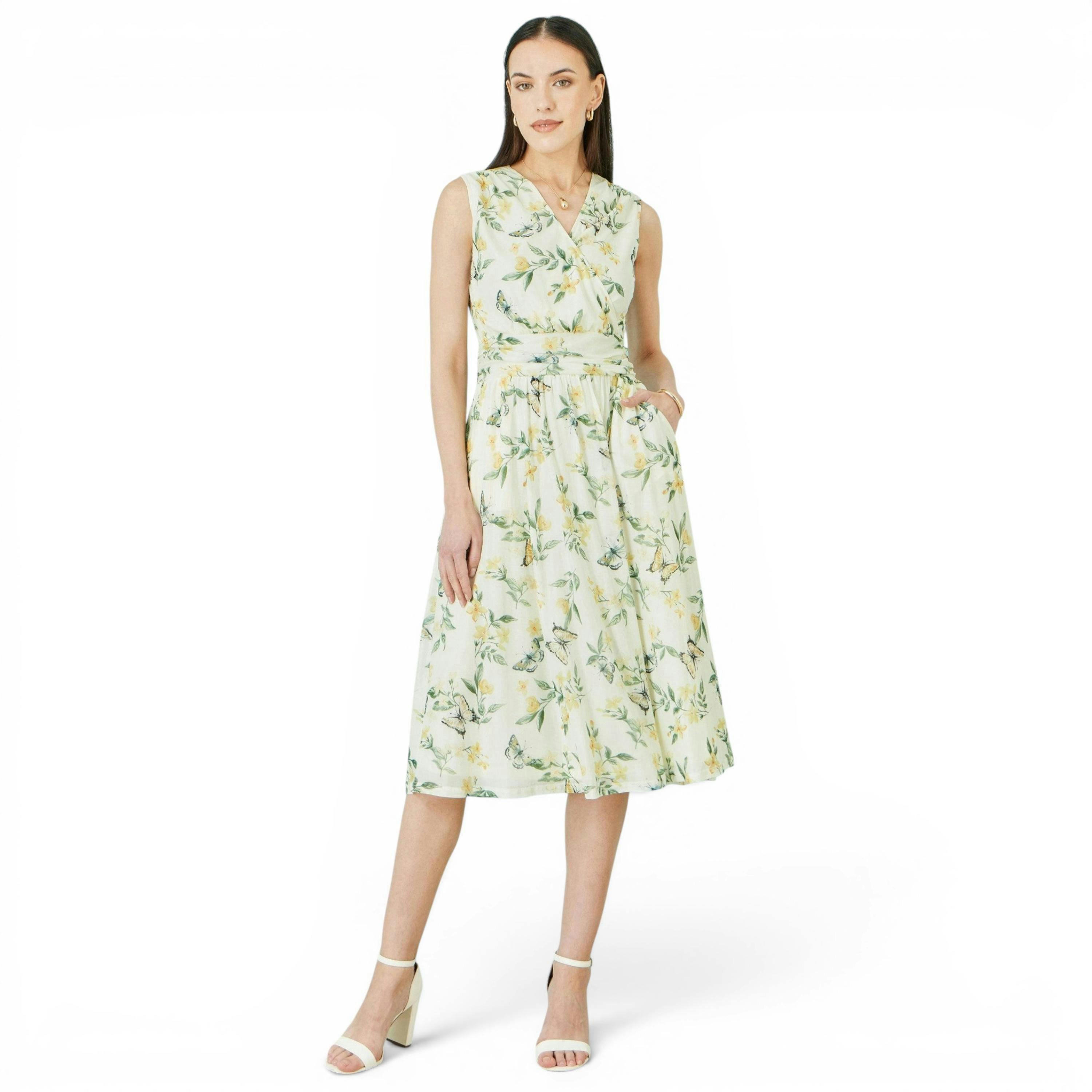 Yumi White Floral Print Mesh Stretch Midi Dress With Pockets , view 2 of 6