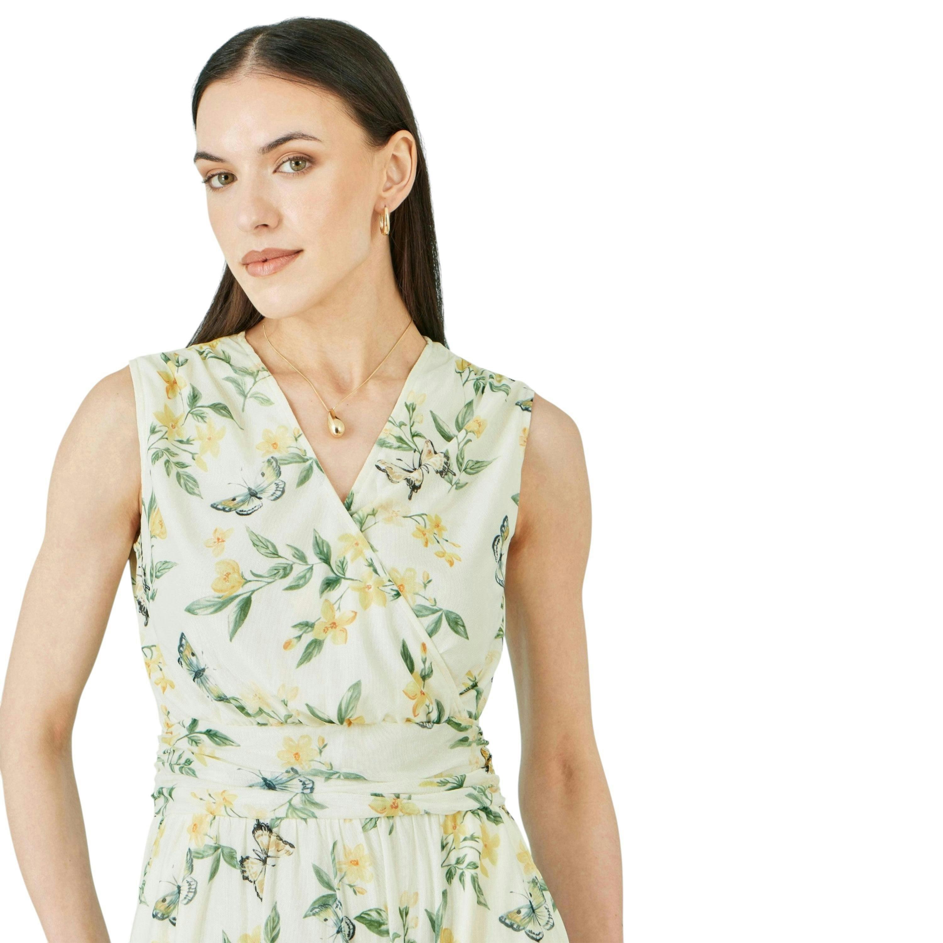Yumi White Floral Print Mesh Stretch Midi Dress With Pockets , view 3 of 6