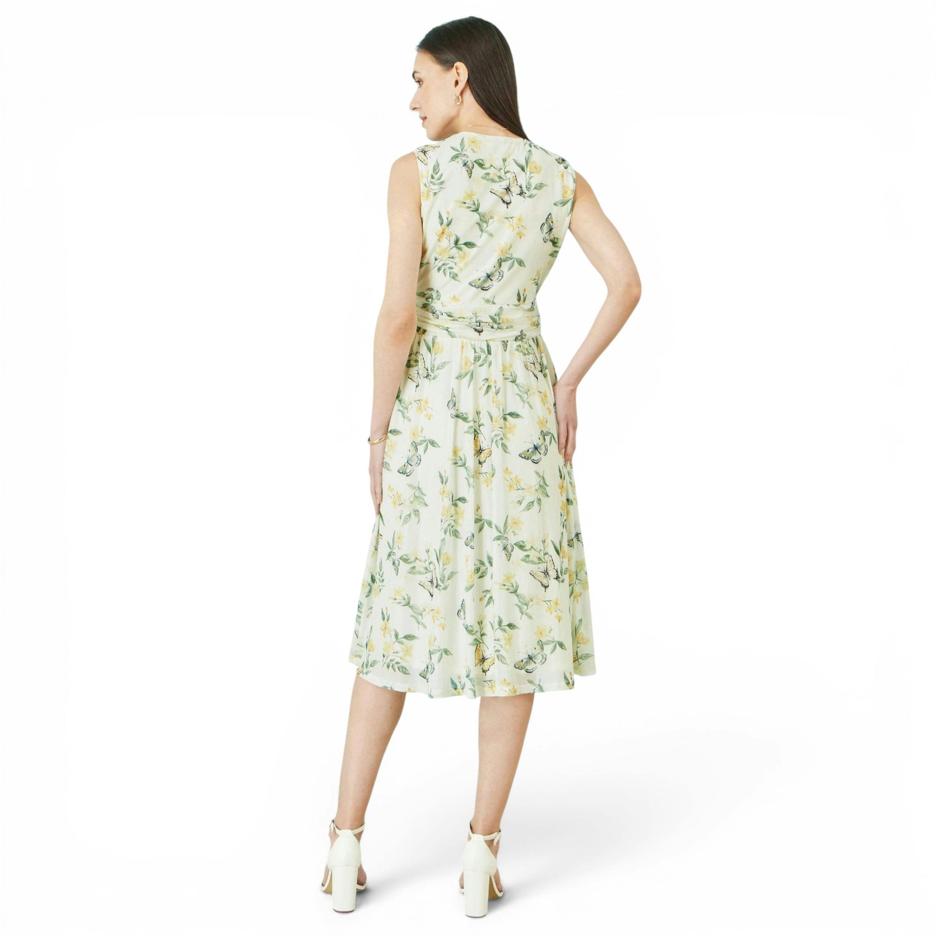 Yumi White Floral Print Mesh Stretch Midi Dress With Pockets , view 4 of 6