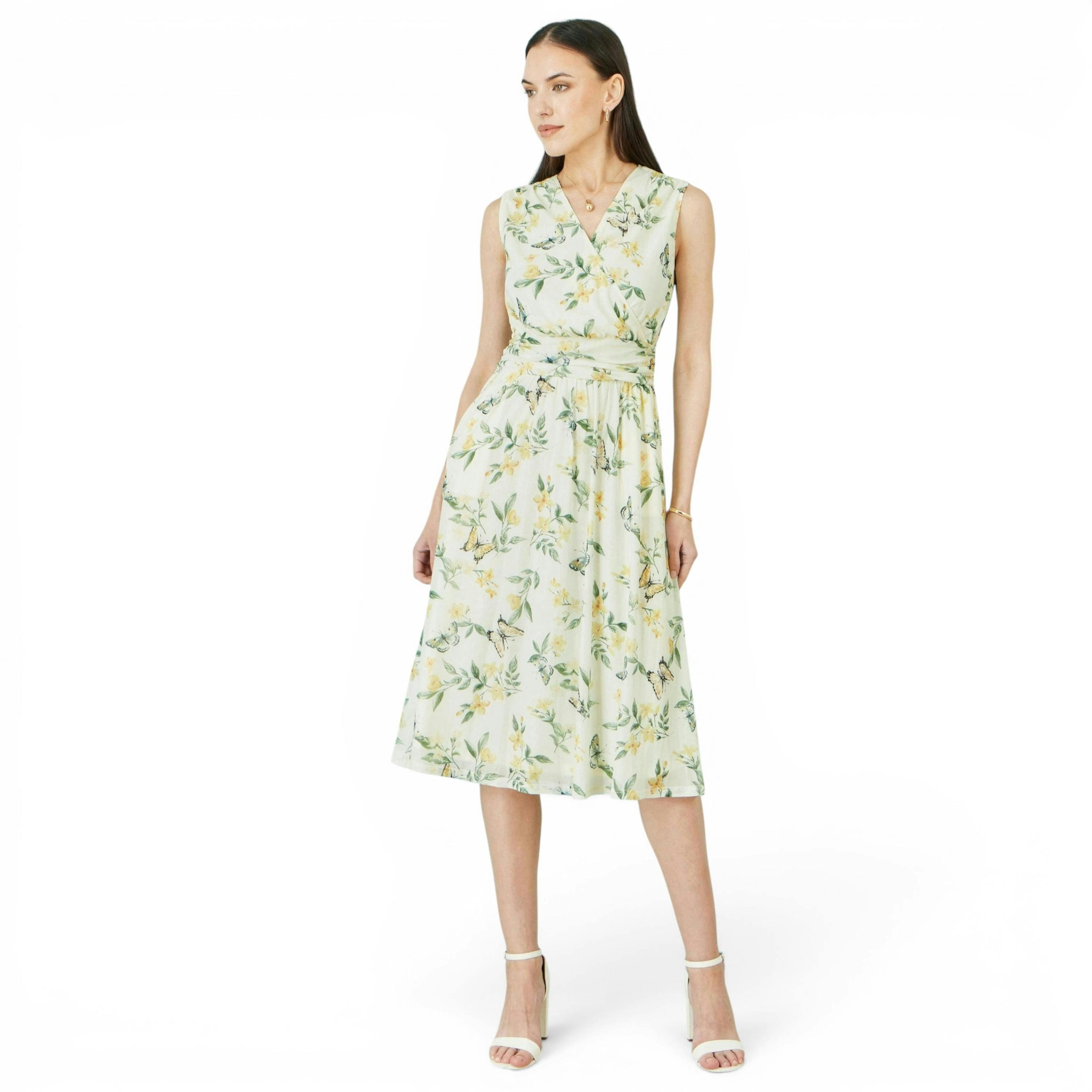 Yumi White Floral Print Mesh Stretch Midi Dress With Pockets , view 5 of 6