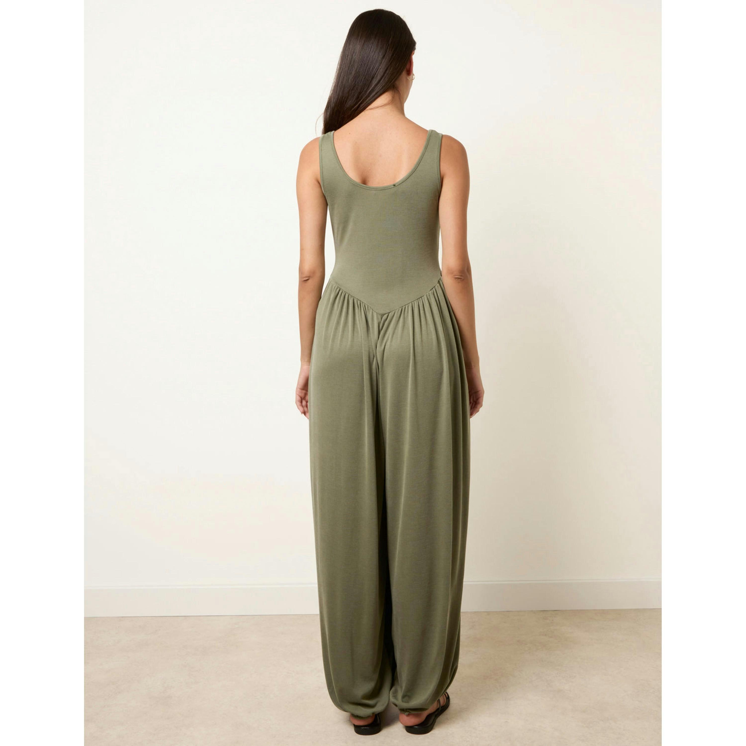 Blue Vanilla Jersey Balloon Leg Jumpsuit With Pockets  in Khaki , view 2 of 4