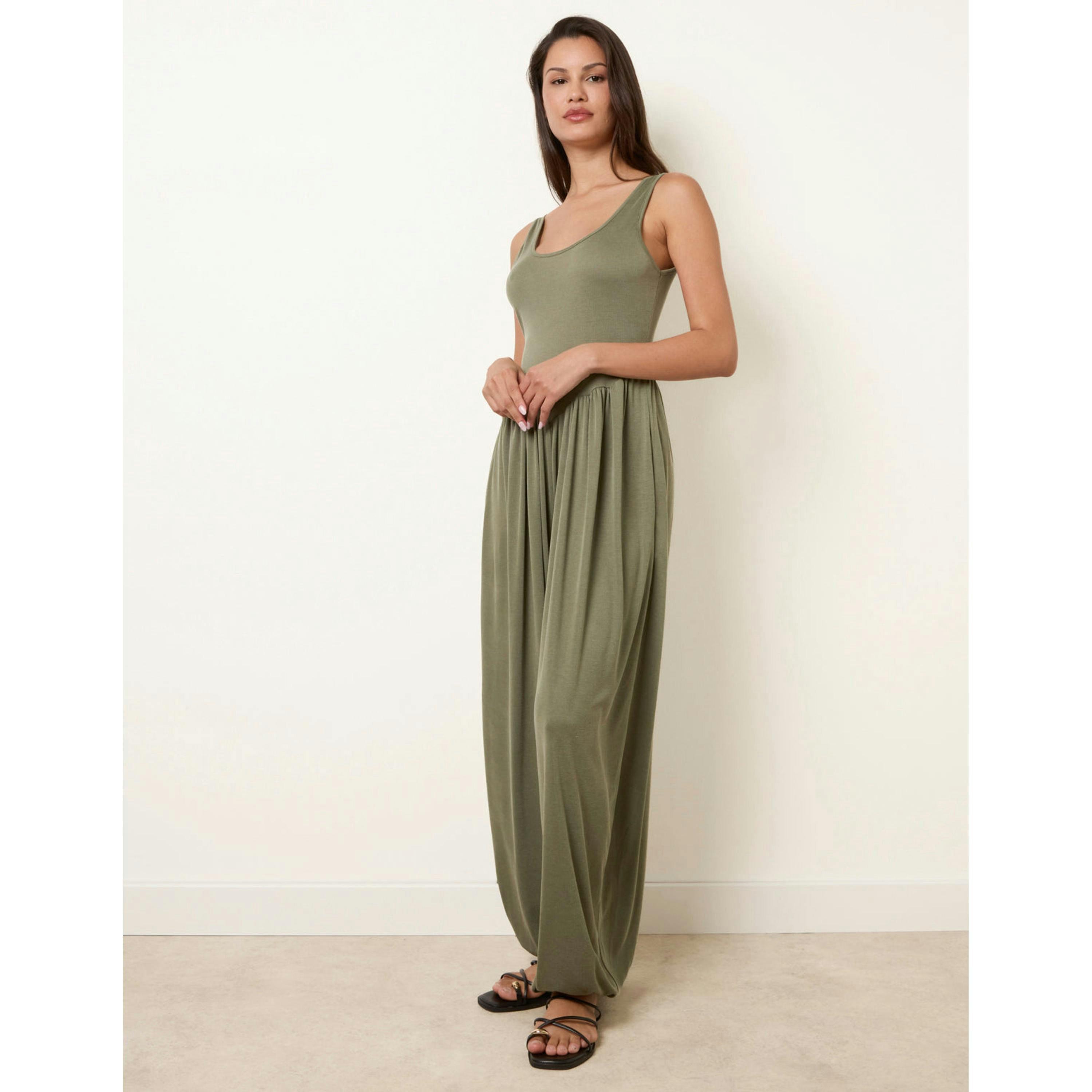 Blue Vanilla Jersey Balloon Leg Jumpsuit With Pockets  in Khaki , view 4 of 4
