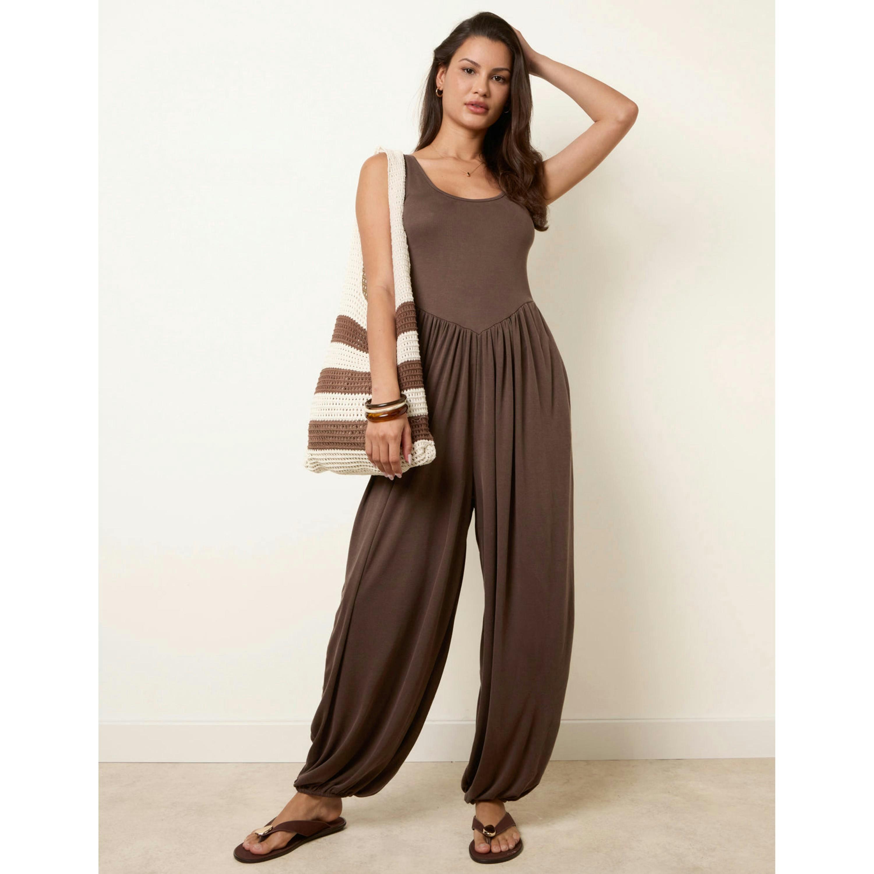 Blue Vanilla Jersey Balloon Leg Jumpsuit With Pockets  in Brown , view 1 of 4
