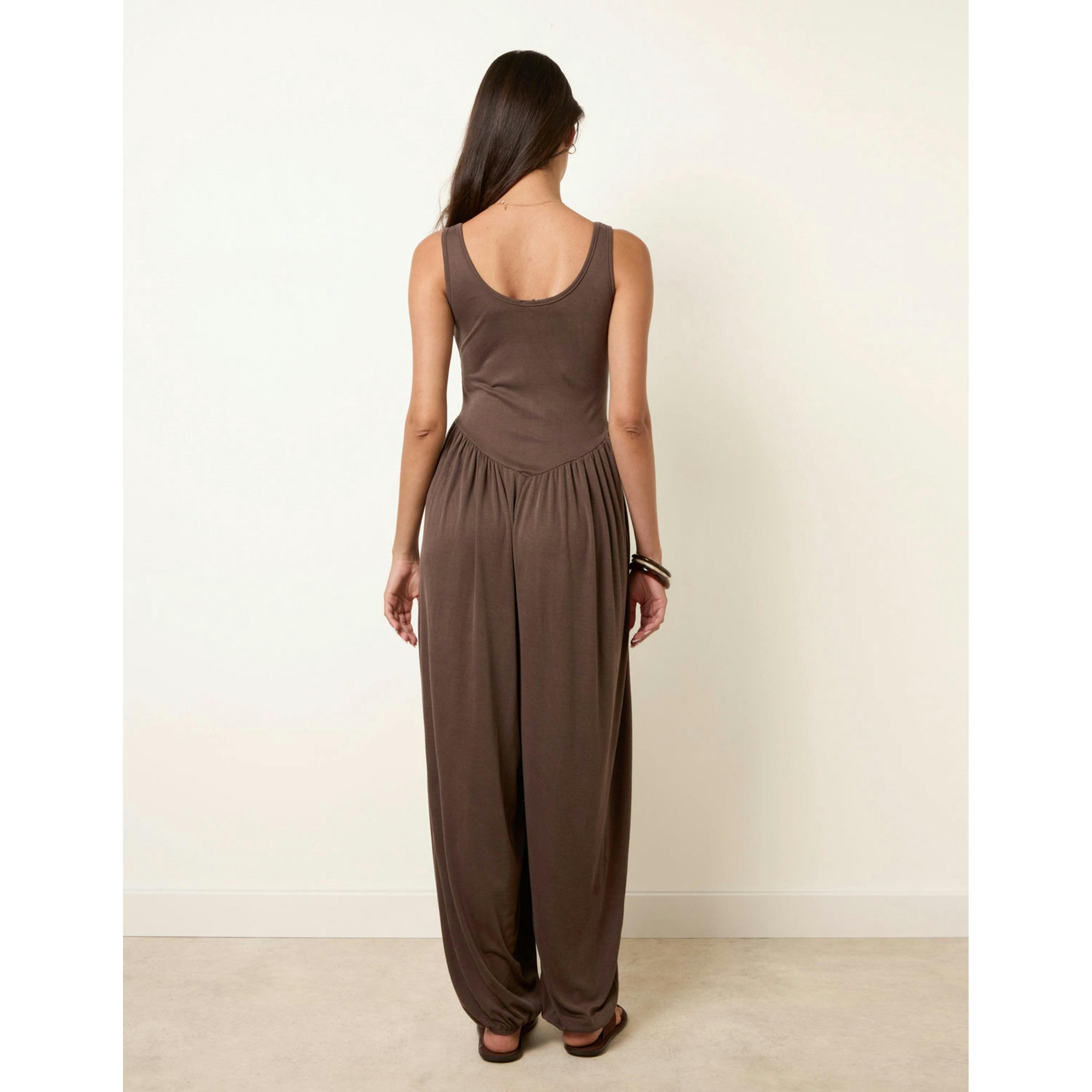 Blue Vanilla Jersey Balloon Leg Jumpsuit With Pockets  in Brown , view 2 of 4