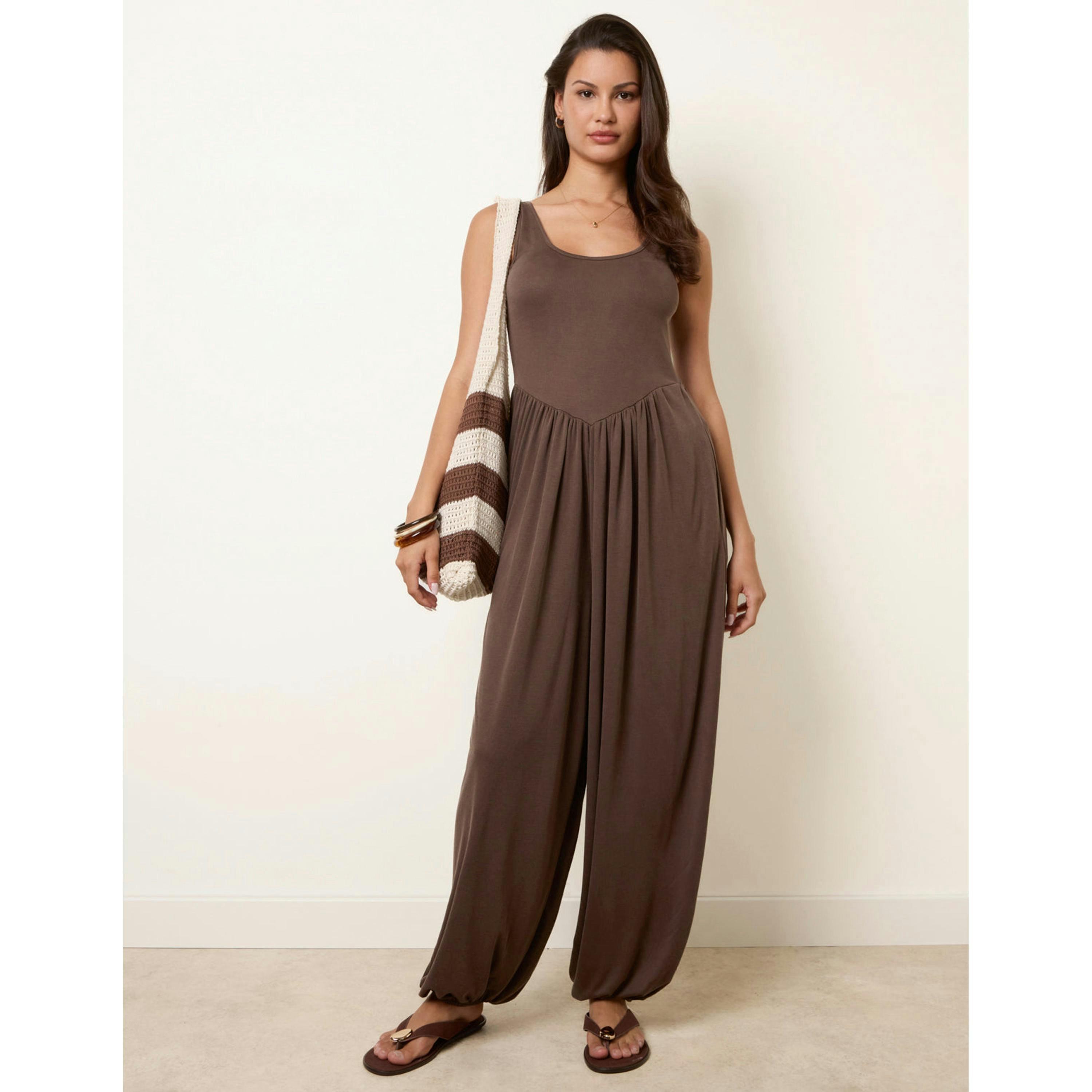 Blue Vanilla Jersey Balloon Leg Jumpsuit With Pockets  in Brown , view 4 of 4