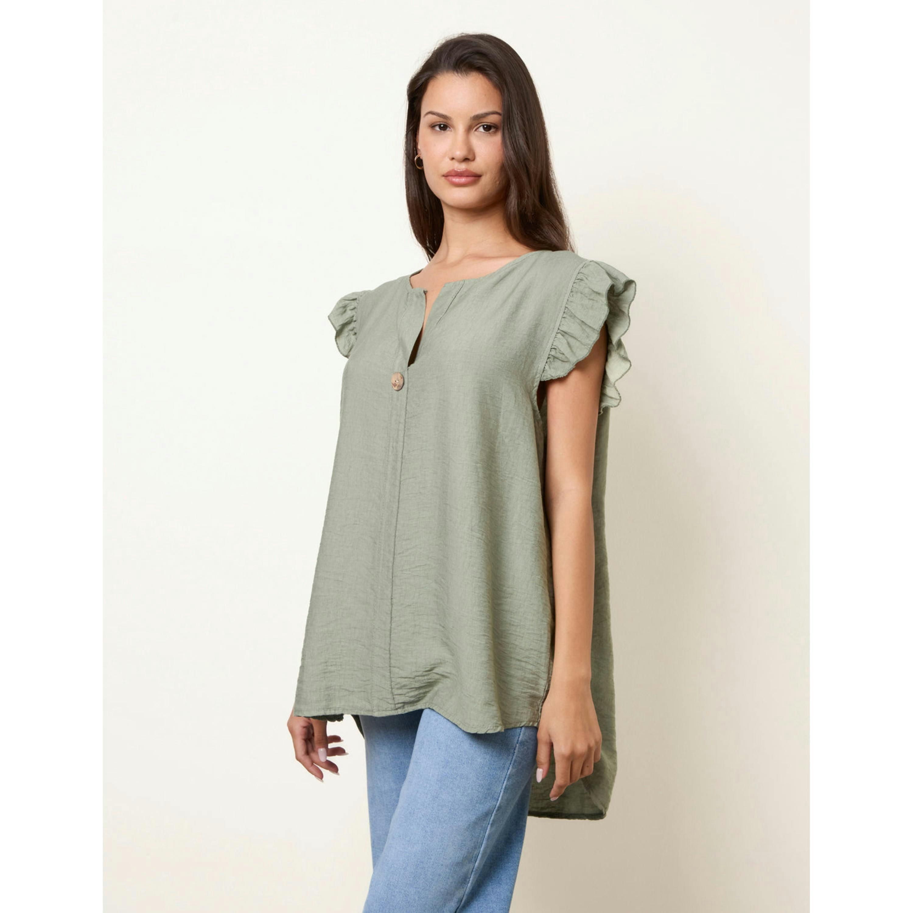 Blue Vanilla One Button Frill Sleeve Top  in Khaki , view 1 of 4