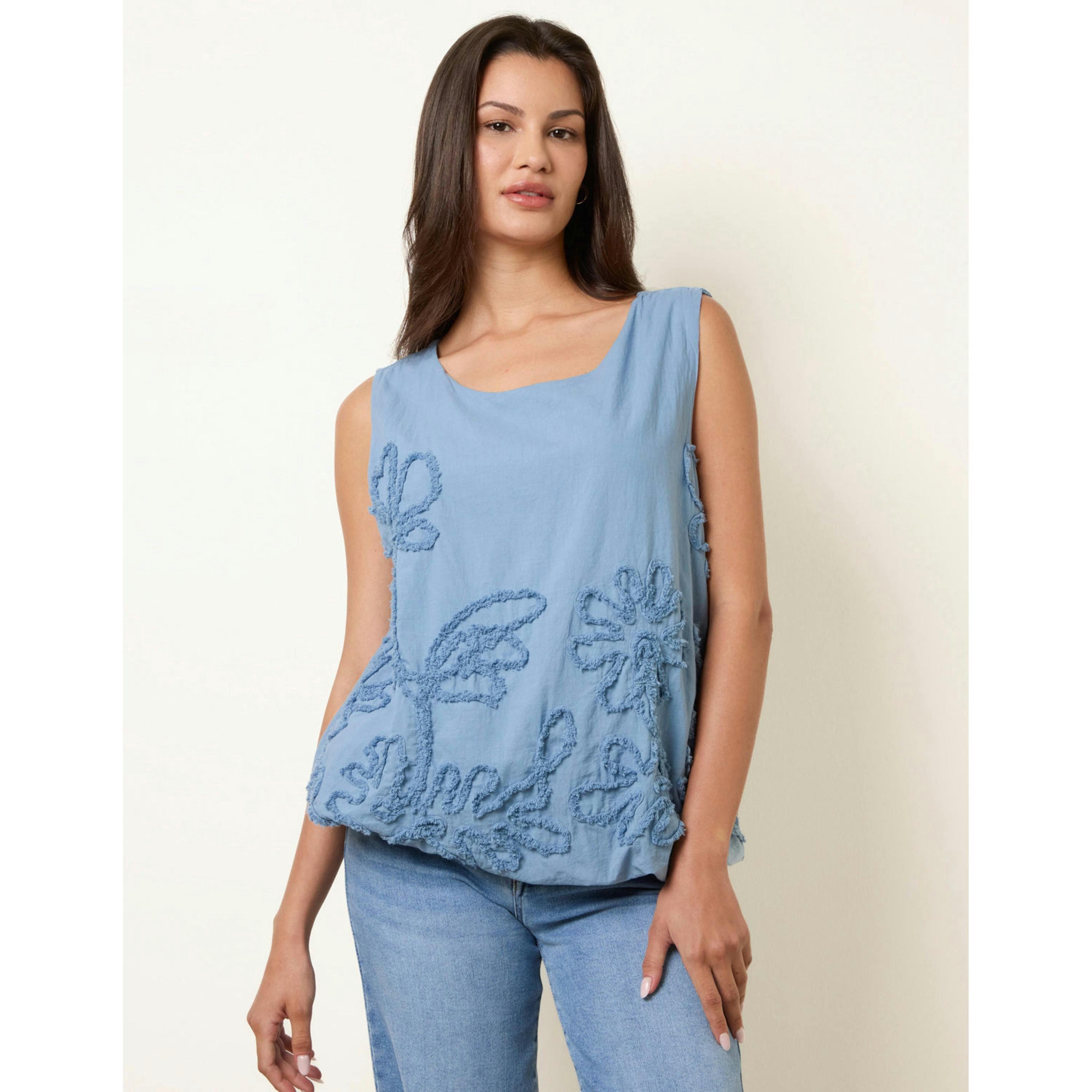 Blue Vanilla Puffball Flower Top  in Blue , view 1 of 4