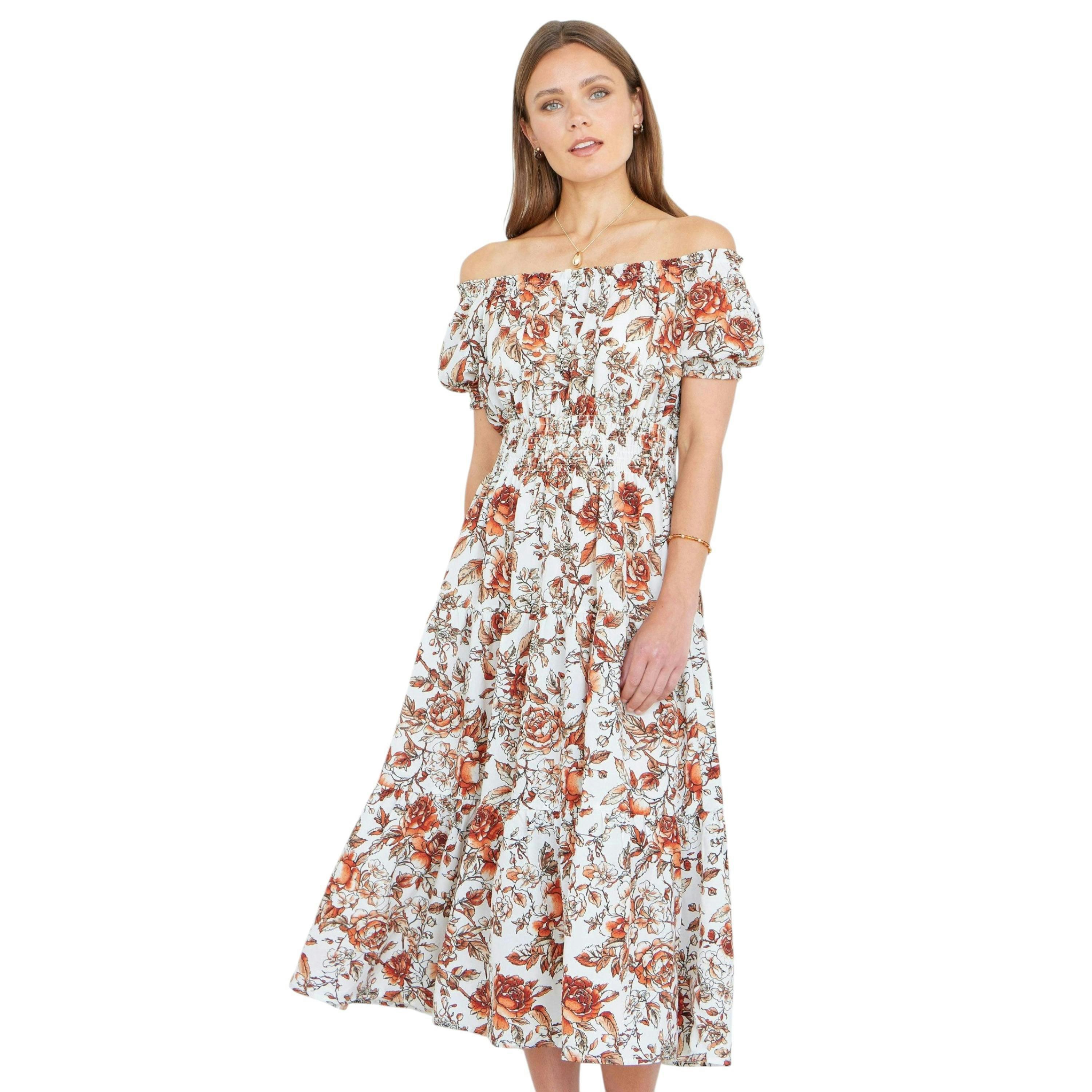 Yumi Orange Floral Ruched Waist Midi Dress , view 1 of 6