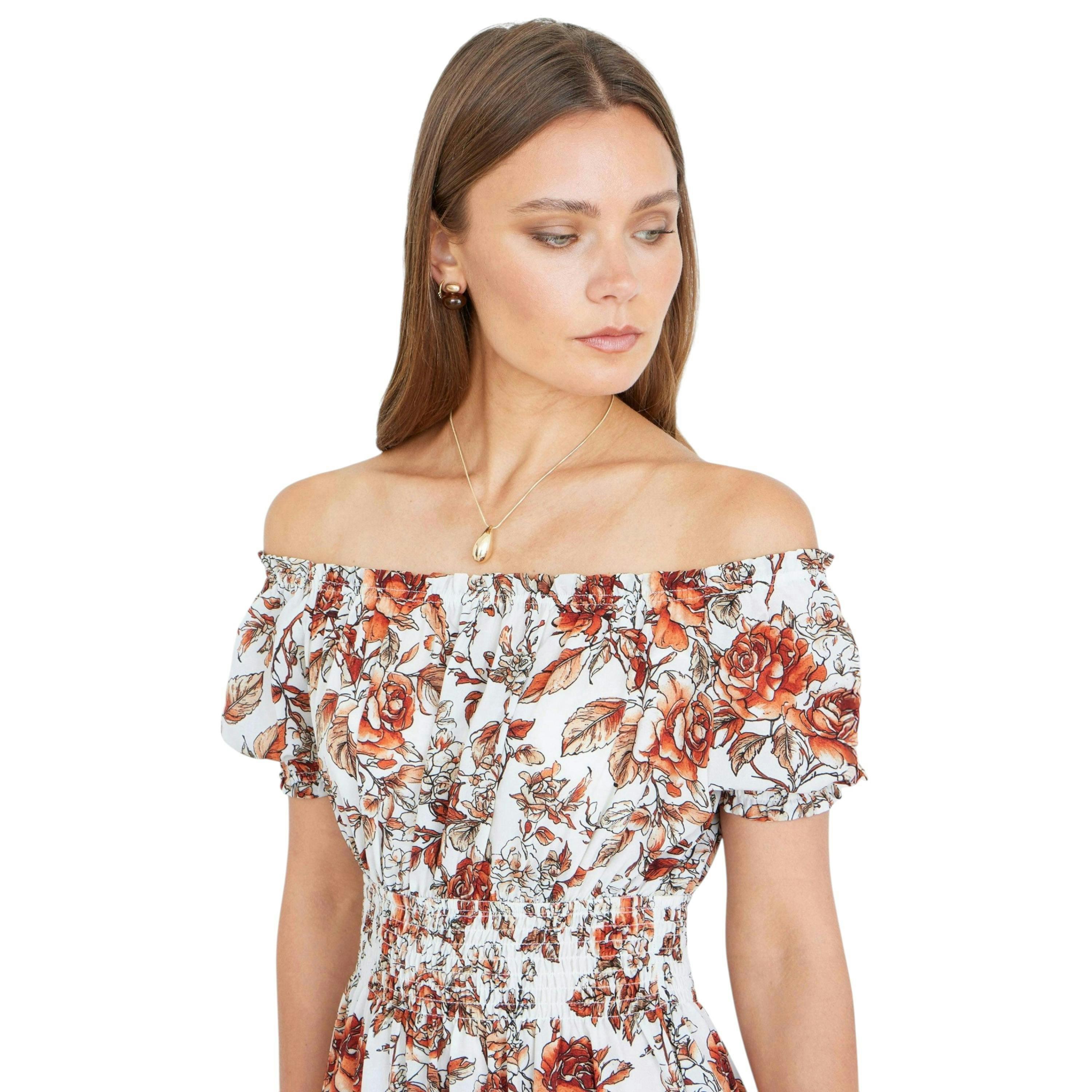 Yumi Orange Floral Ruched Waist Midi Dress , view 2 of 6