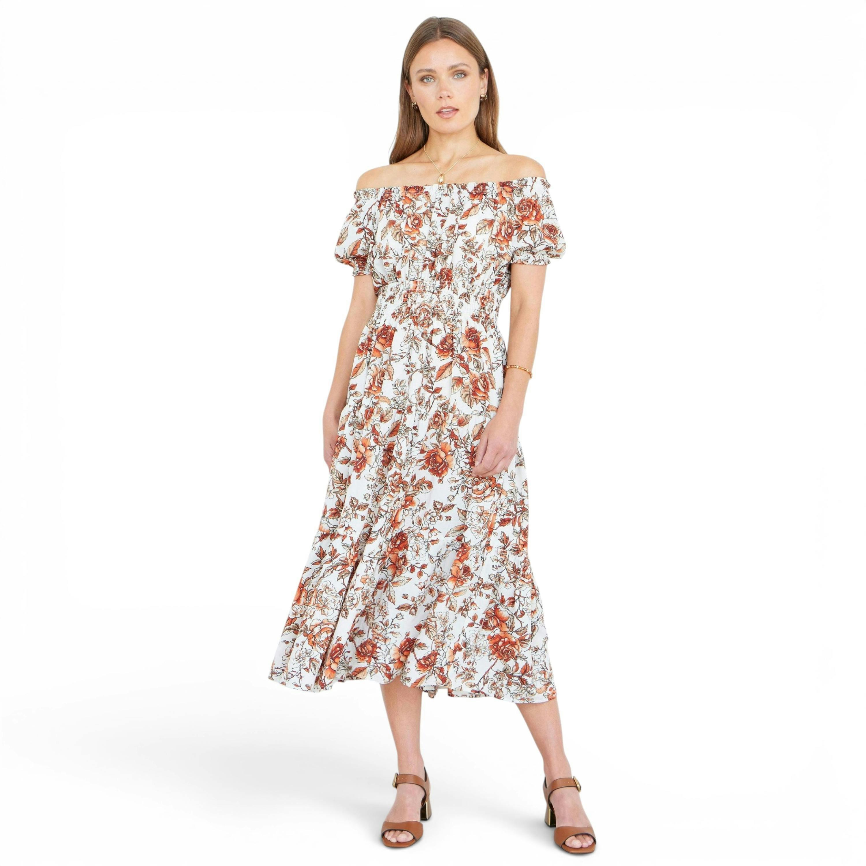 Yumi Orange Floral Ruched Waist Midi Dress , view 3 of 6