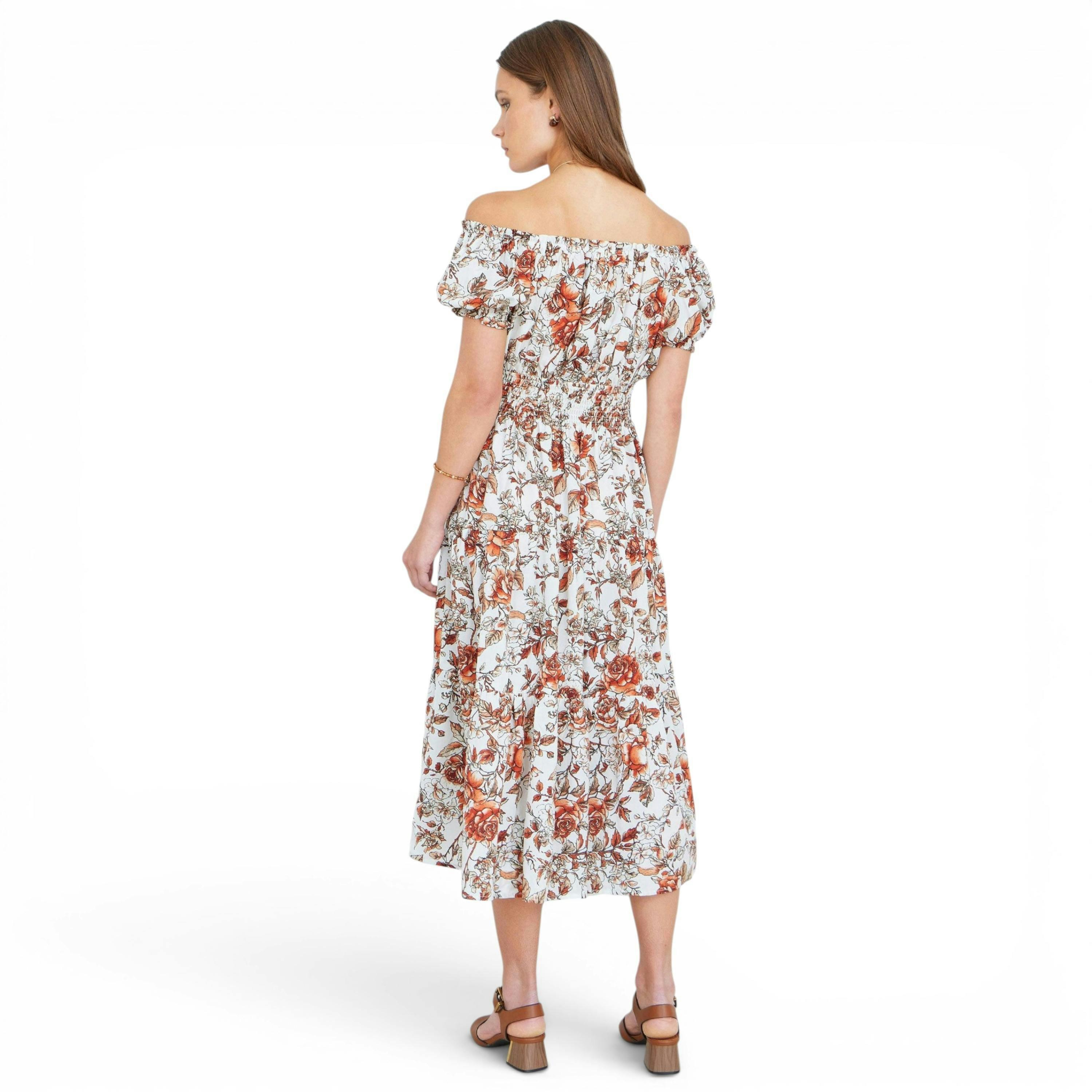 Yumi Orange Floral Ruched Waist Midi Dress , view 4 of 6