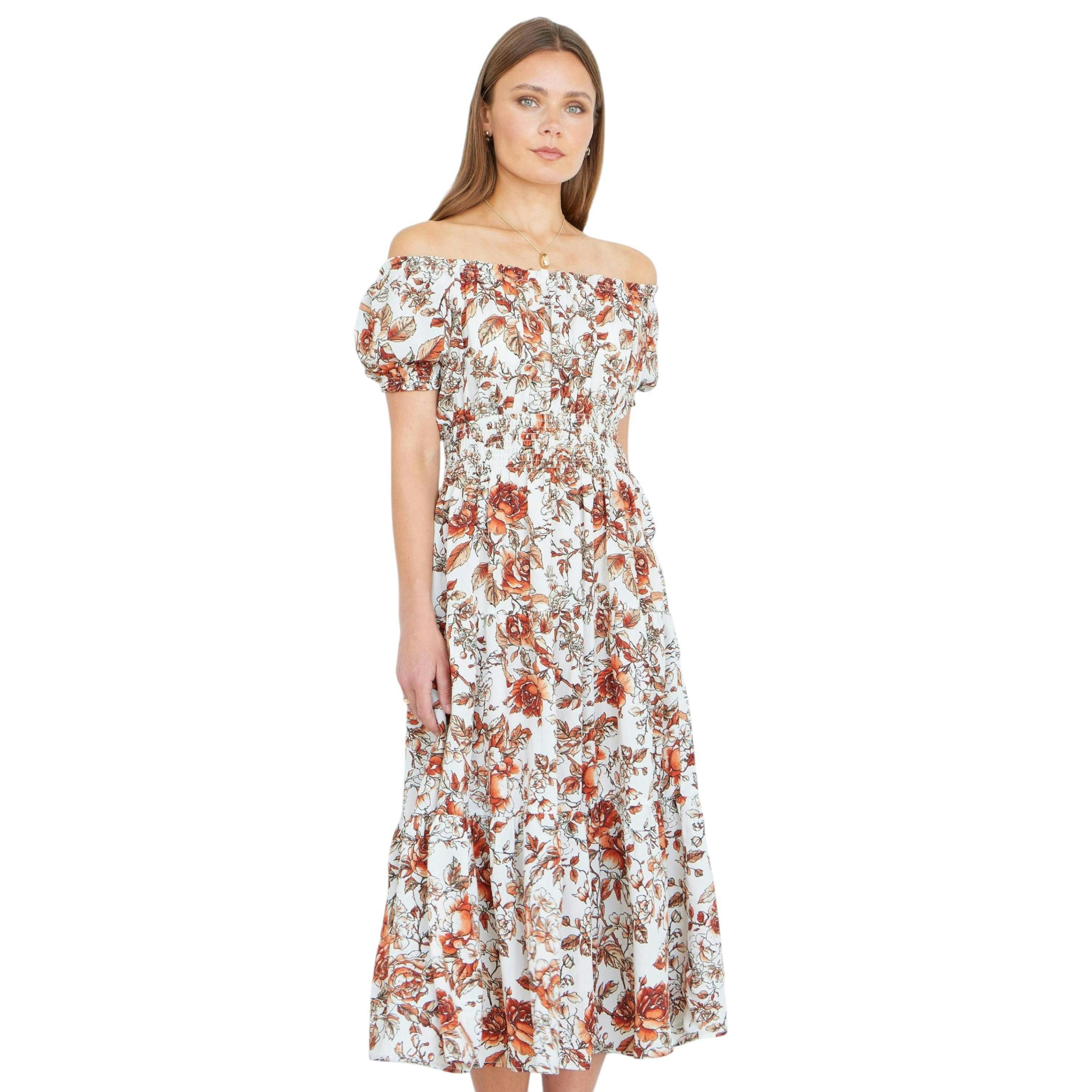 Yumi Orange Floral Ruched Waist Midi Dress , view 5 of 6