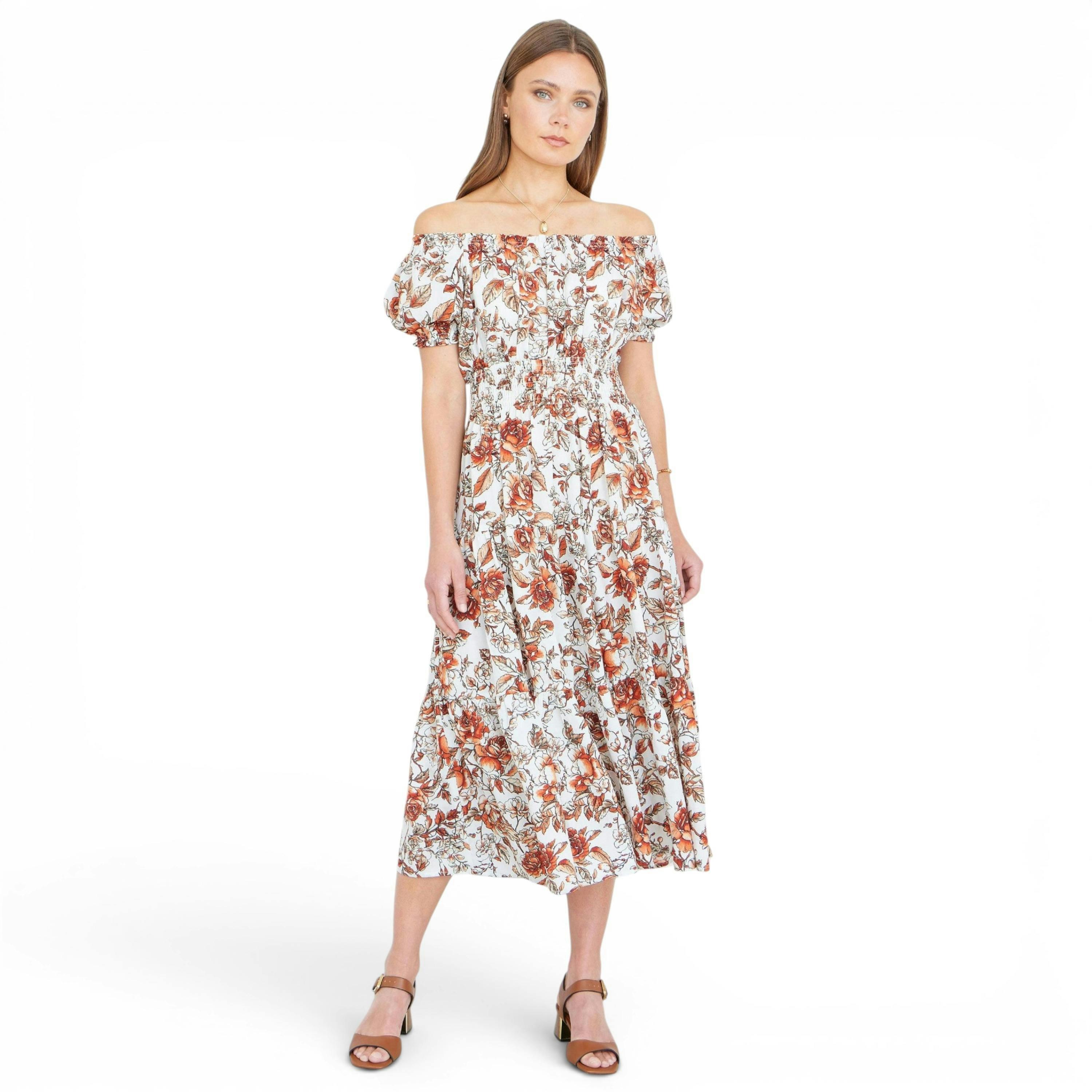 Yumi Orange Floral Ruched Waist Midi Dress , view 6 of 6