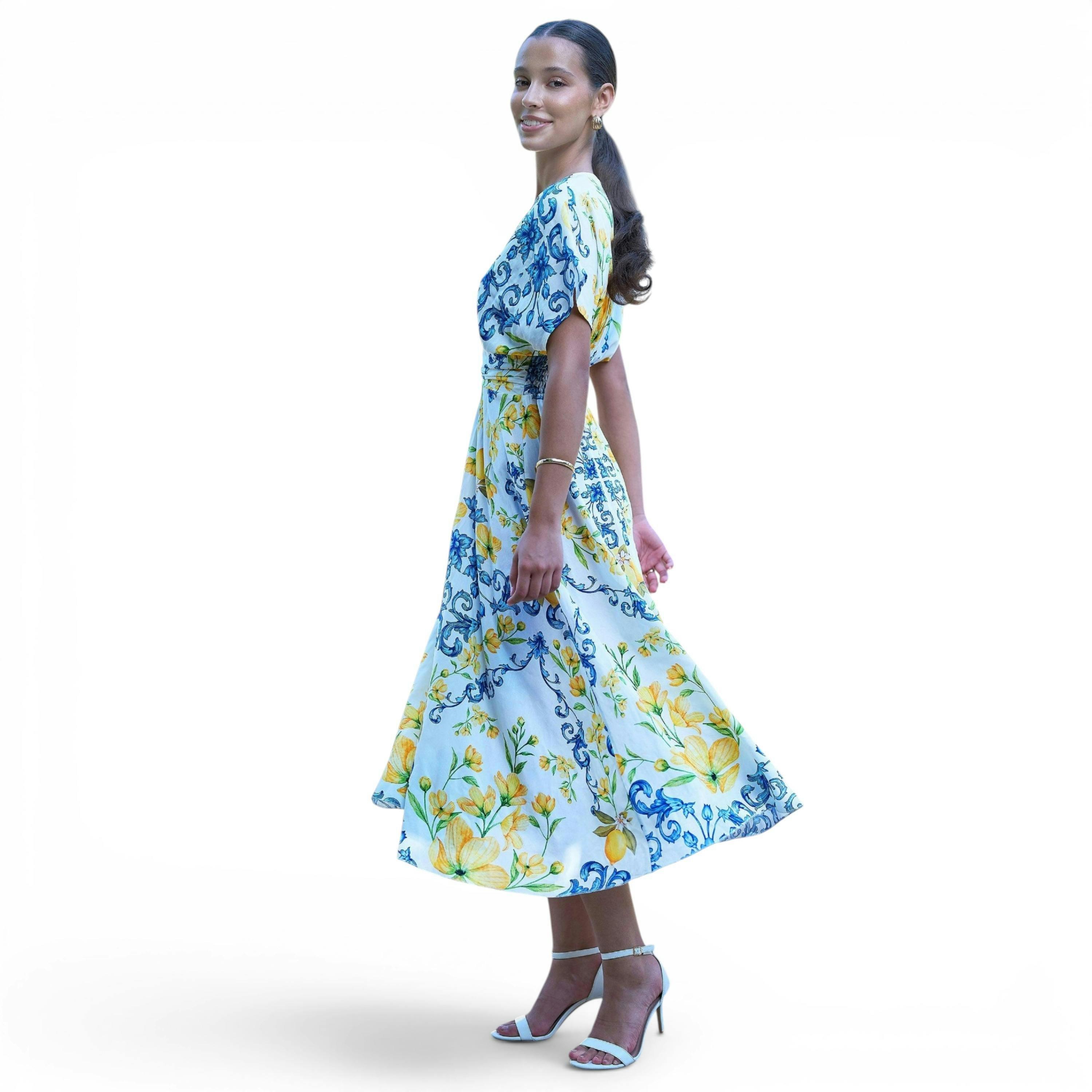 Yumi White Lemon Print Viscose Ruched Waist Midi Dress , view 1 of 6