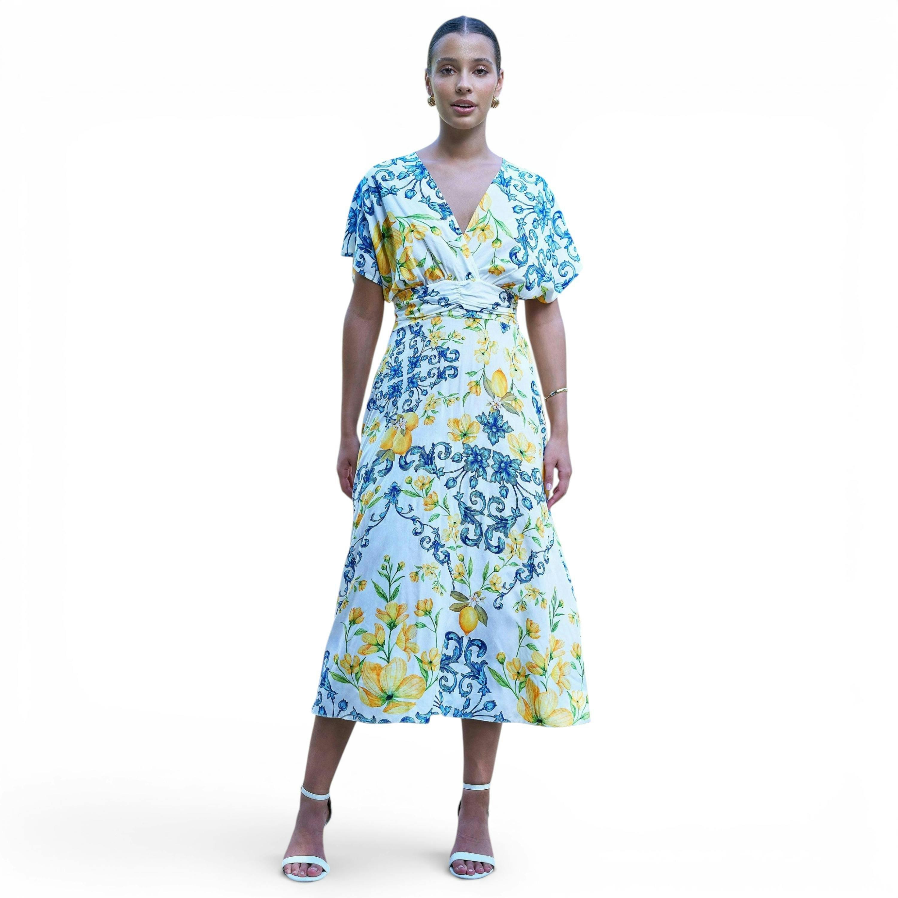 Yumi White Lemon Print Viscose Ruched Waist Midi Dress , view 2 of 6