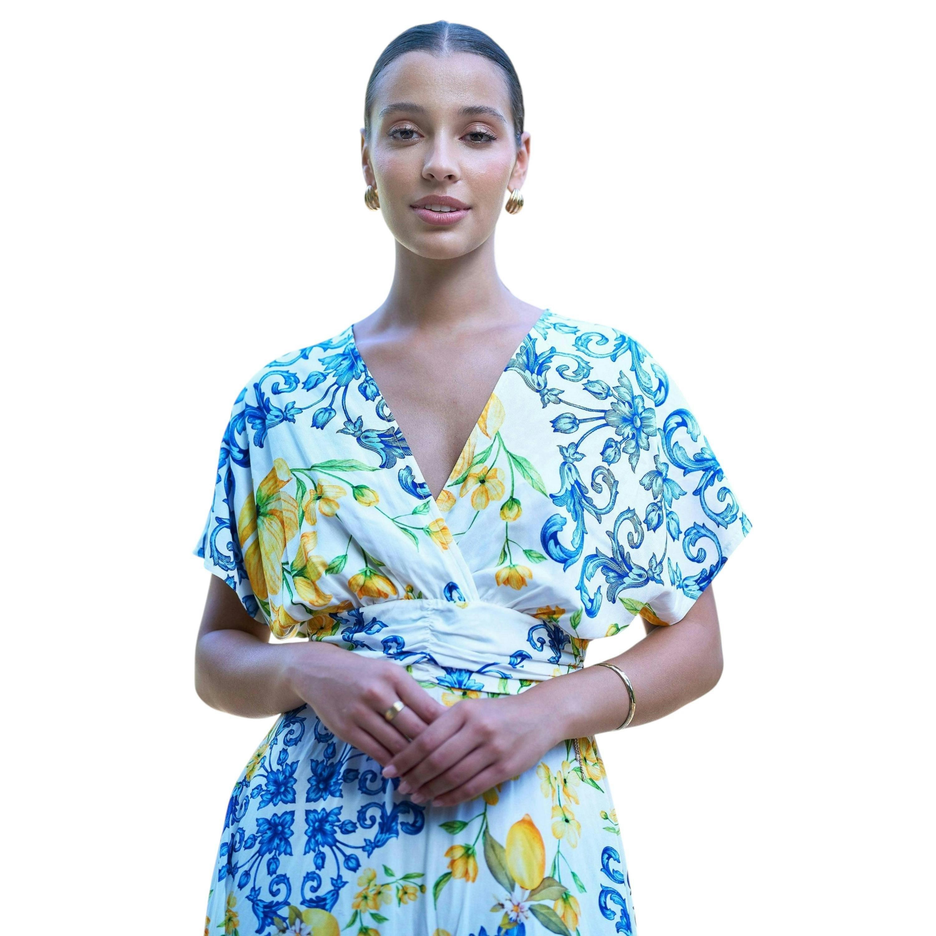 Yumi White Lemon Print Viscose Ruched Waist Midi Dress , view 3 of 6