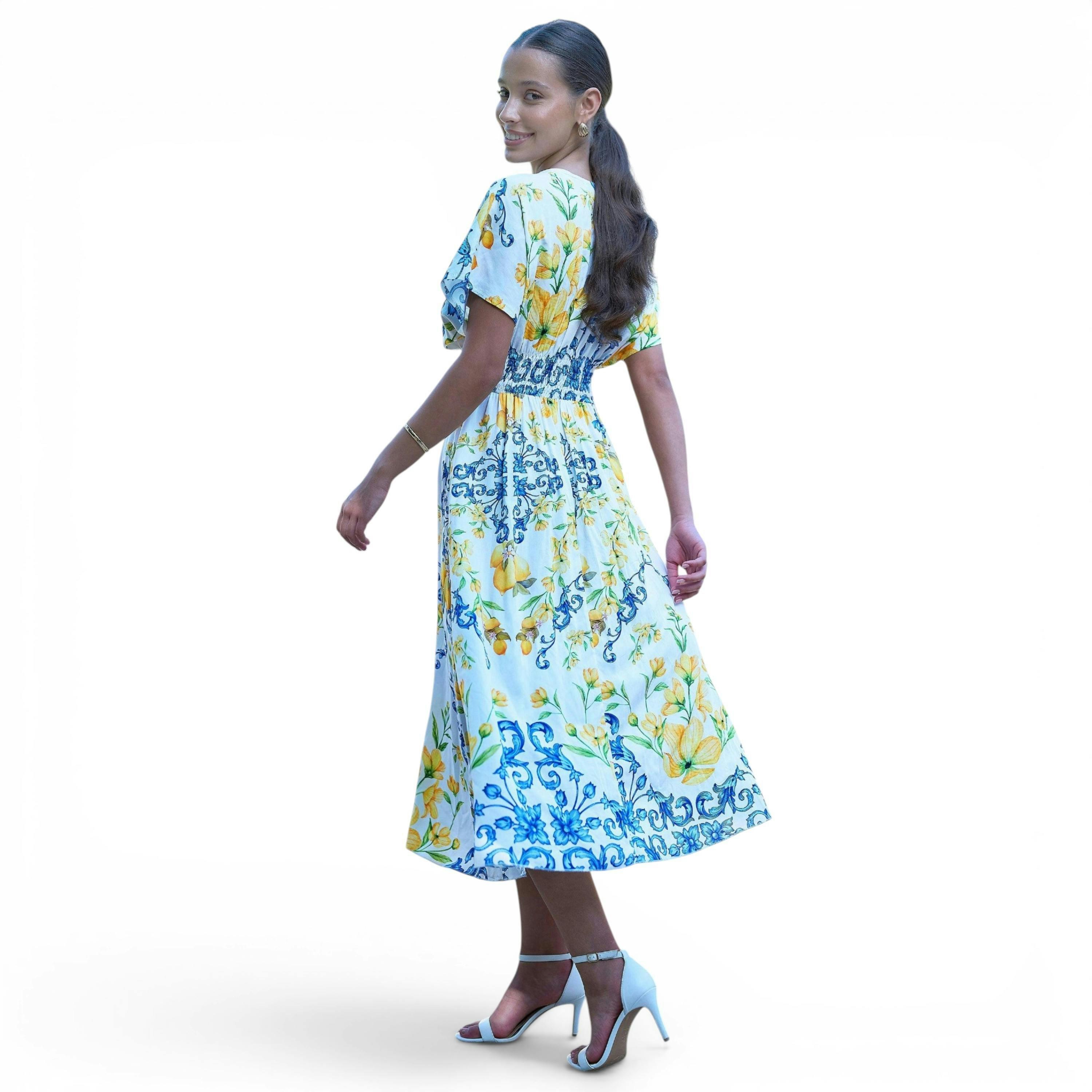 Yumi White Lemon Print Viscose Ruched Waist Midi Dress , view 4 of 6