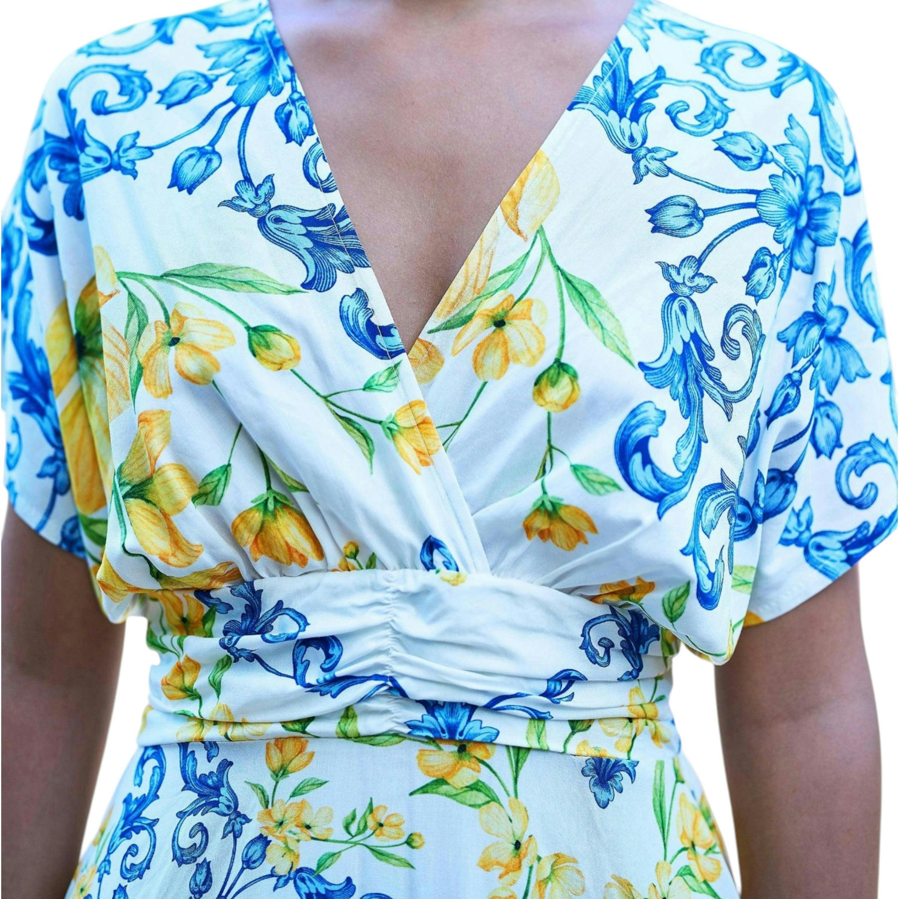 Yumi White Lemon Print Viscose Ruched Waist Midi Dress , view 5 of 6