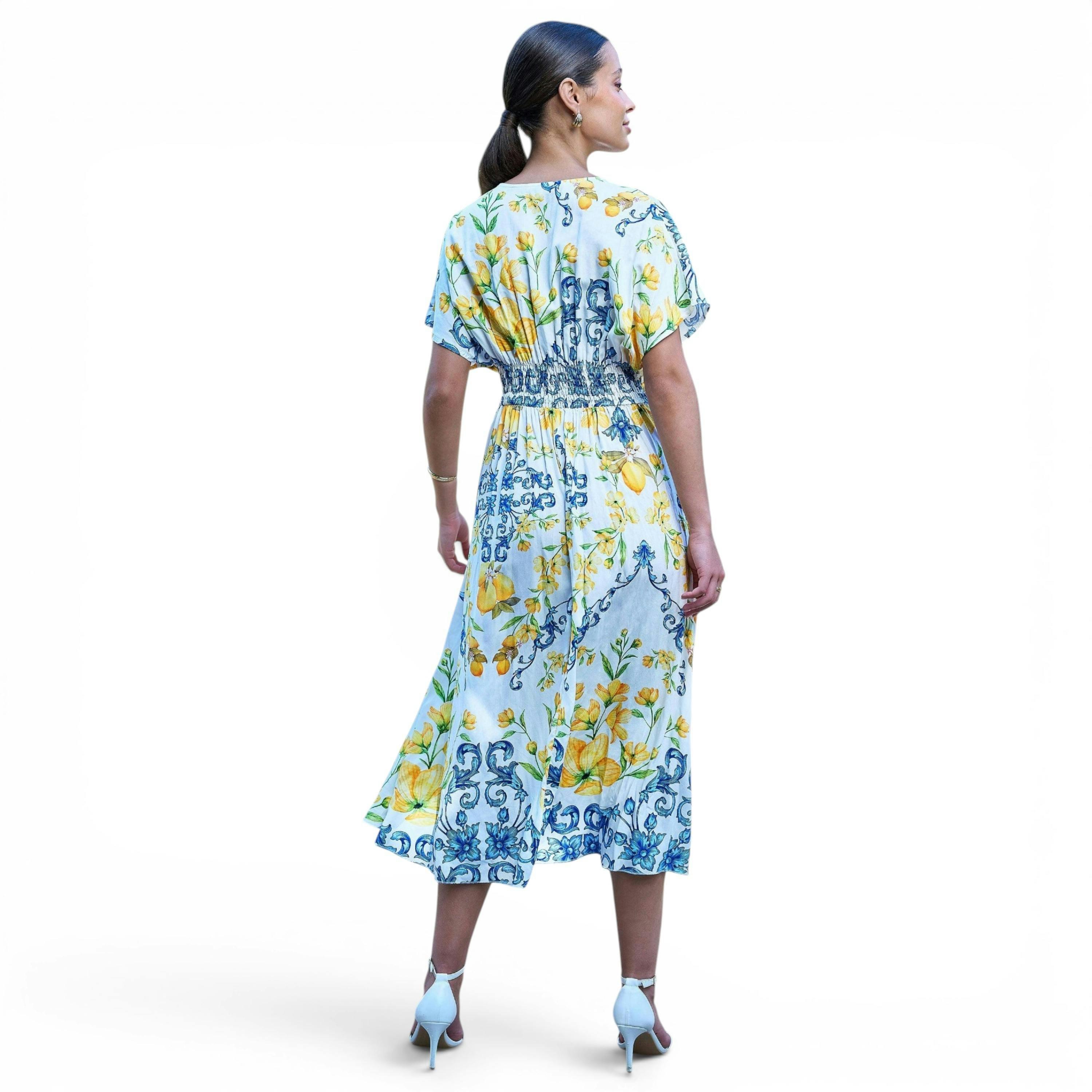 Yumi White Lemon Print Viscose Ruched Waist Midi Dress , view 6 of 6