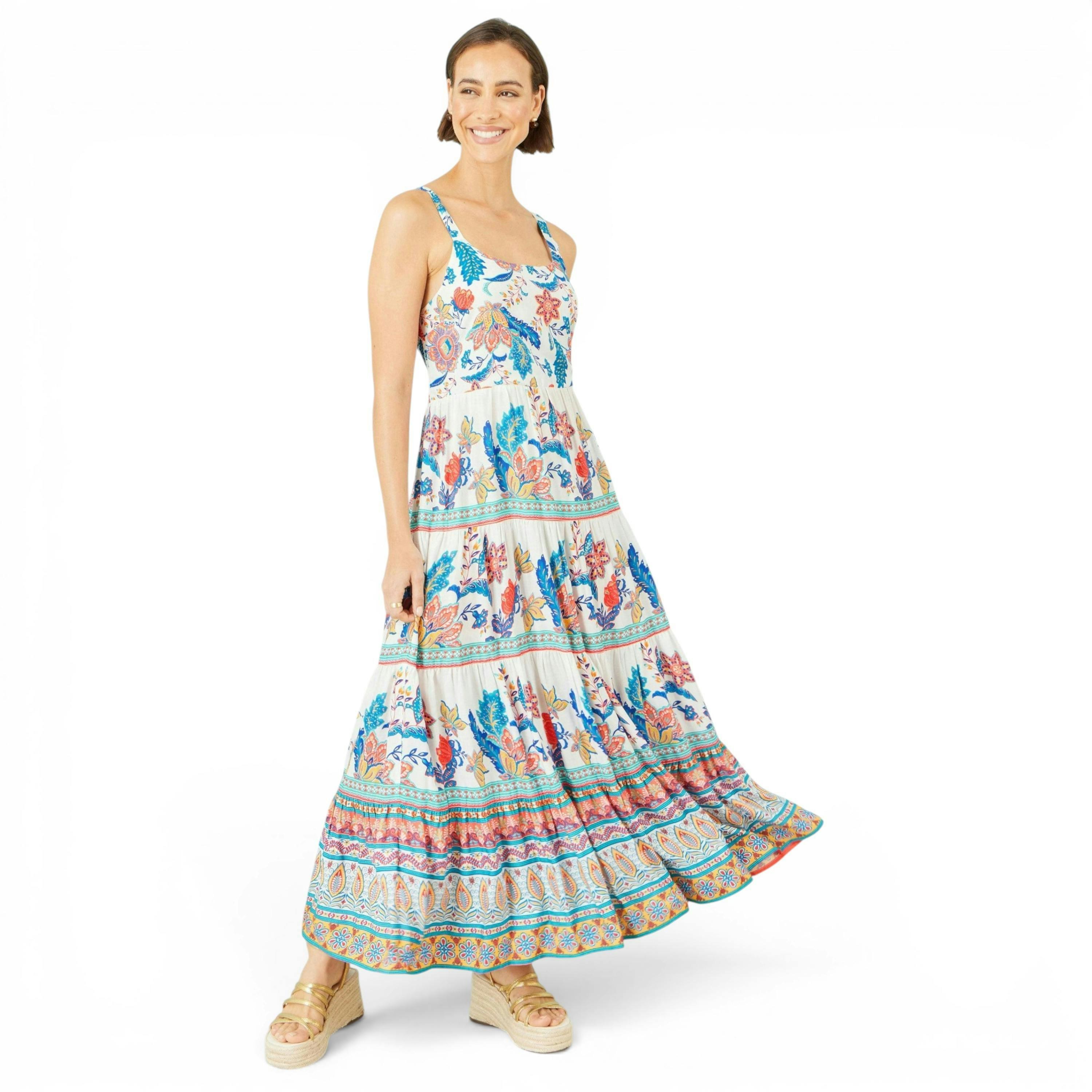 Yumi Blue Boho Block Print Tiered Maxi Dress , view 1 of 6
