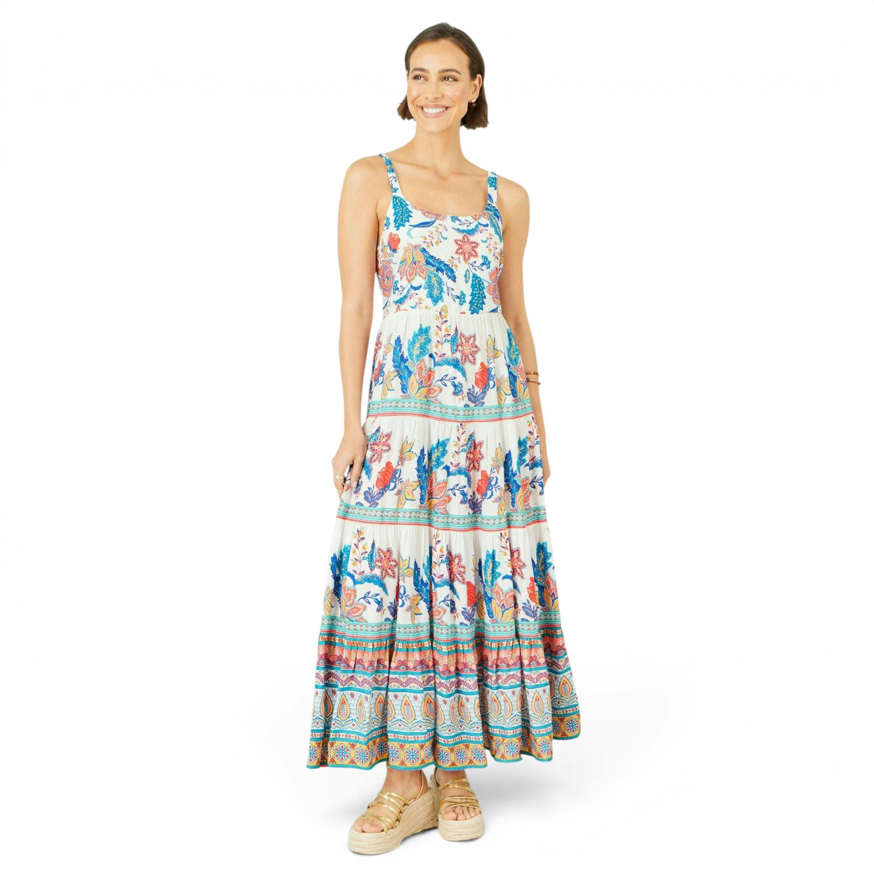 Yumi Blue Boho Block Print Tiered Maxi Dress , view 3 of 6