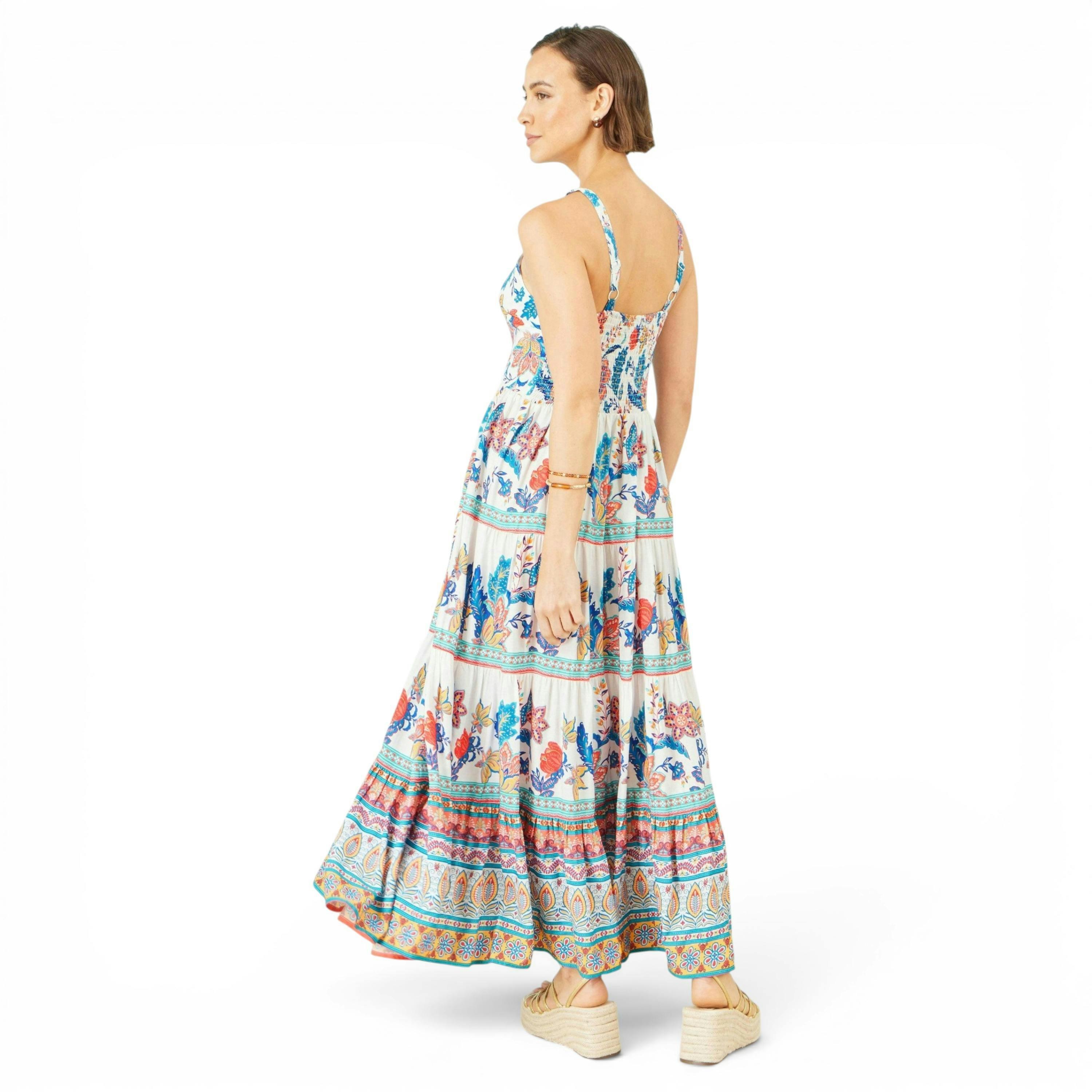 Yumi Blue Boho Block Print Tiered Maxi Dress , view 4 of 6