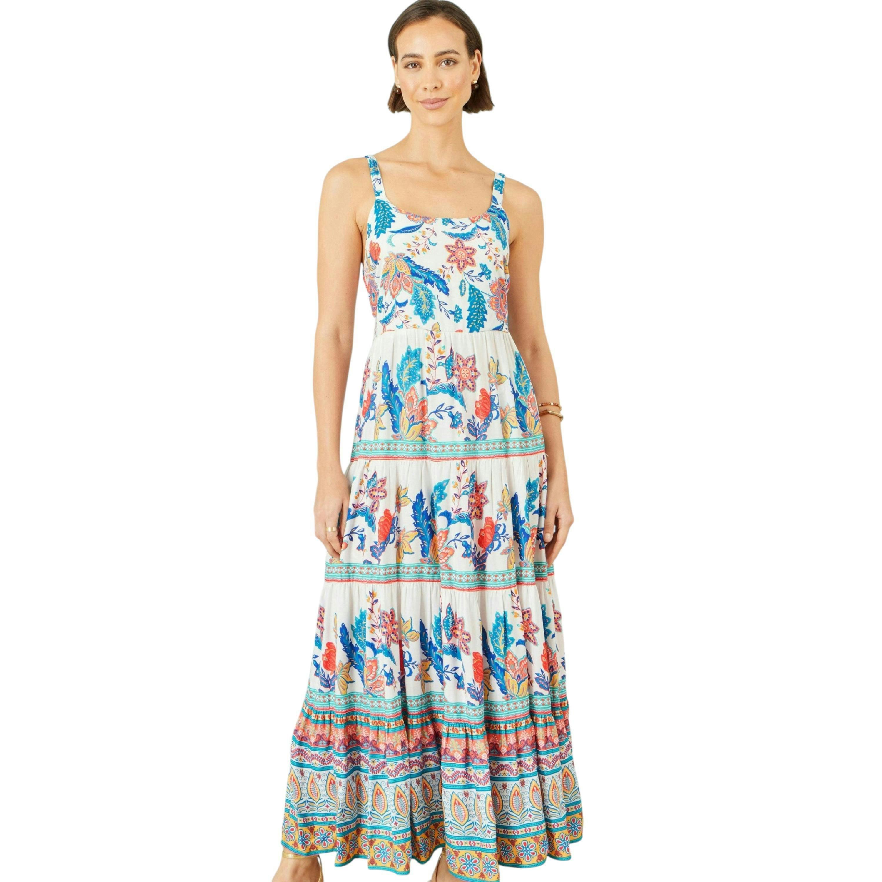 Yumi Blue Boho Block Print Tiered Maxi Dress , view 5 of 6