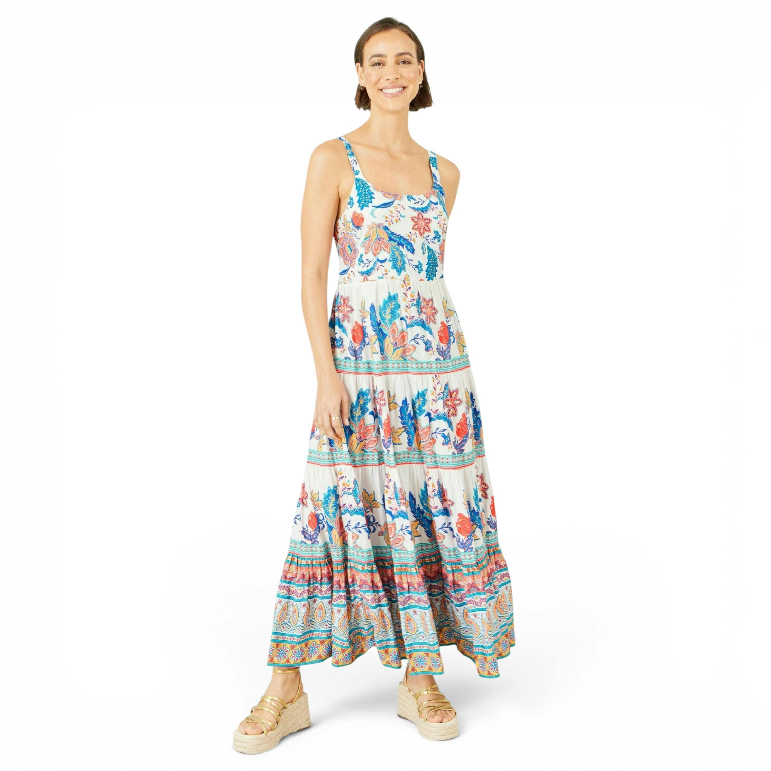 Yumi Blue Boho Block Print Tiered Maxi Dress , view 6 of 6